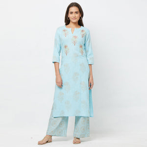 Appealing Light Blue Colored Partywear Embroidered Cotton Kurti-Palazzo Set - Peachmode