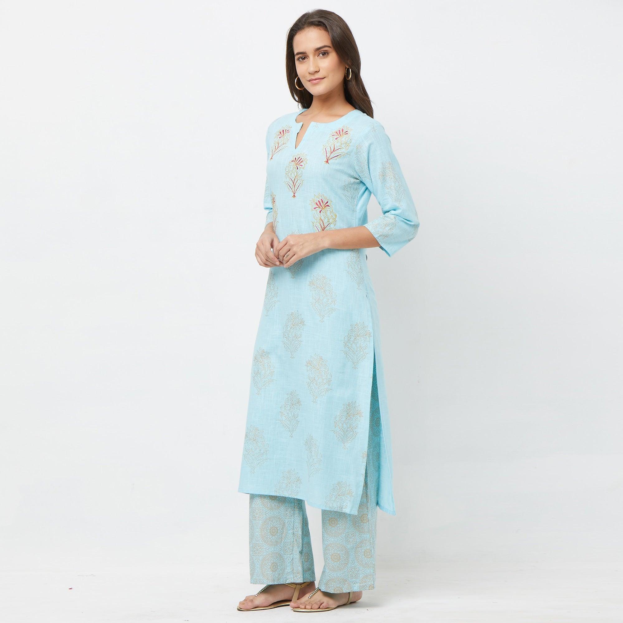 Appealing Light Blue Colored Partywear Embroidered Cotton Kurti-Palazzo Set - Peachmode
