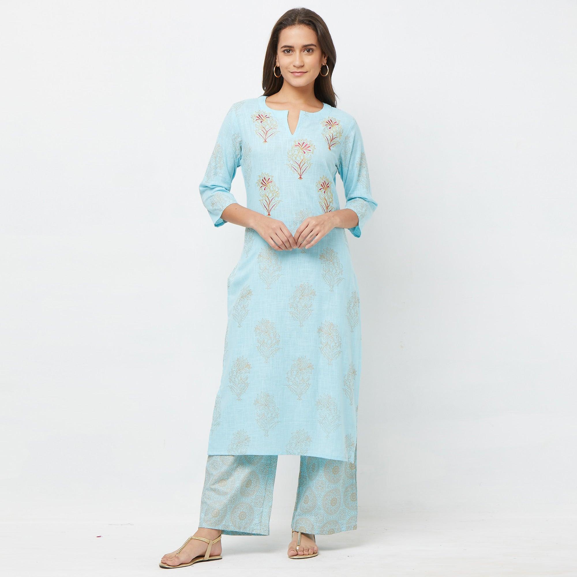 Appealing Light Blue Colored Partywear Embroidered Cotton Kurti-Palazzo Set - Peachmode