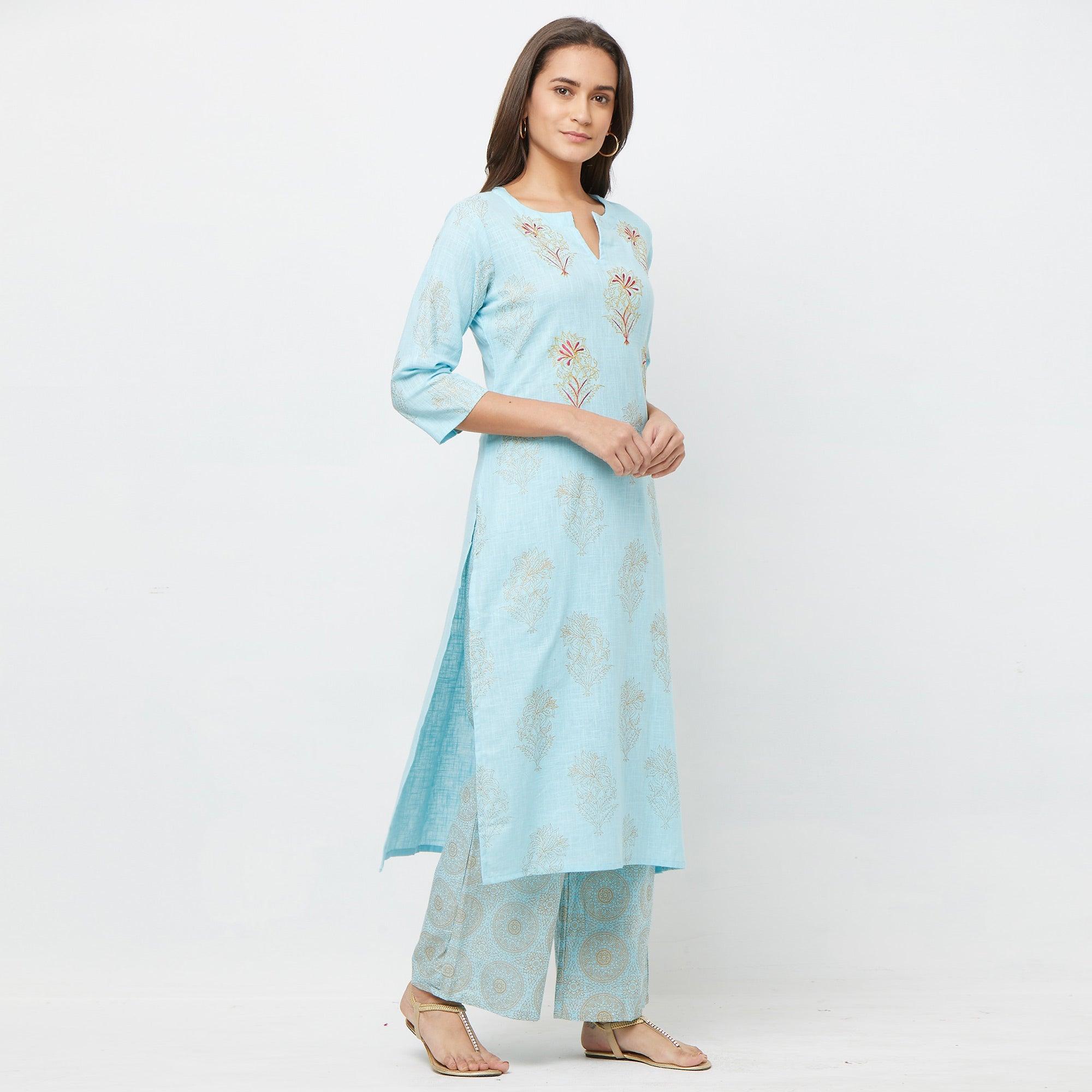Appealing Light Blue Colored Partywear Embroidered Cotton Kurti-Palazzo Set - Peachmode