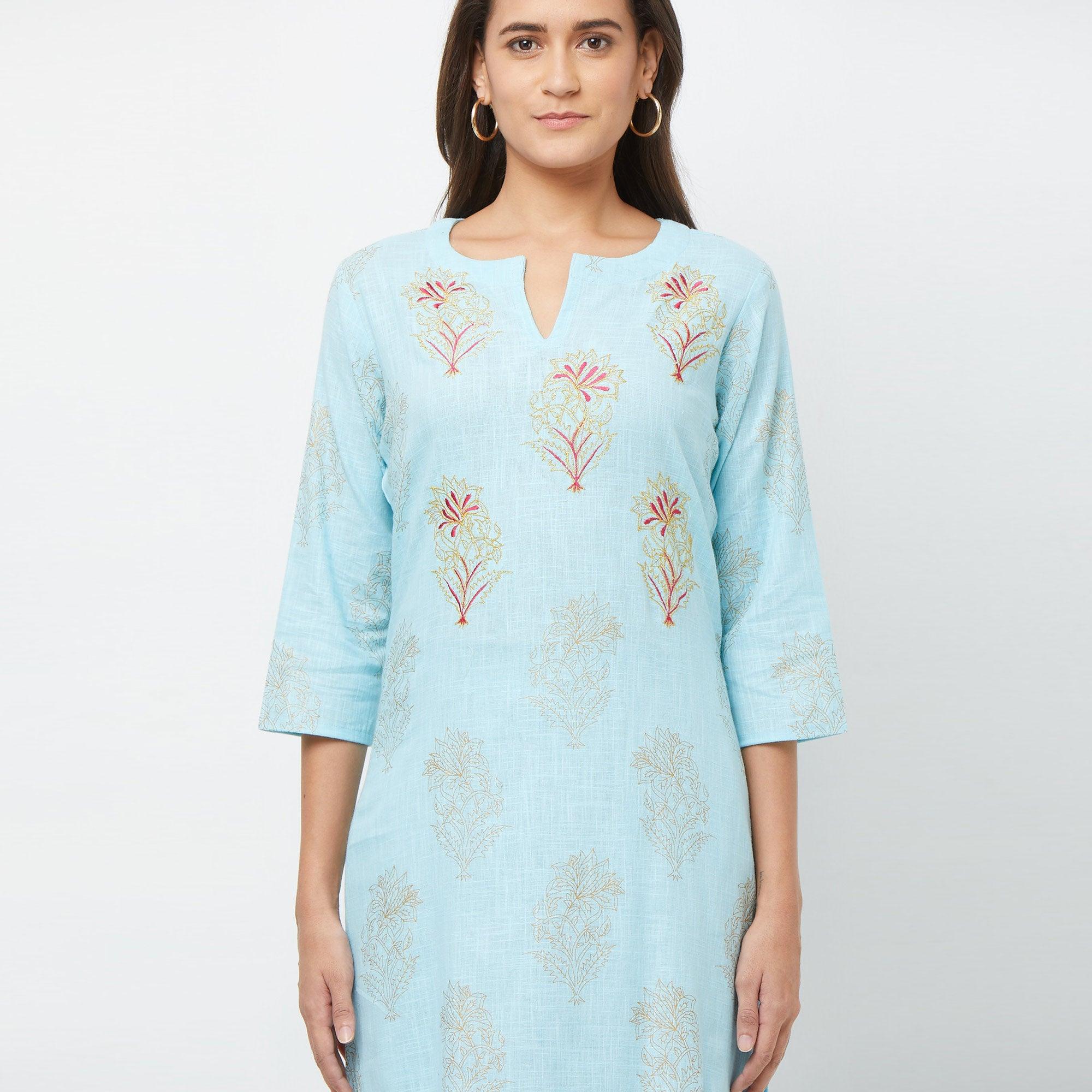 Appealing Light Blue Colored Partywear Embroidered Cotton Kurti-Palazzo Set - Peachmode