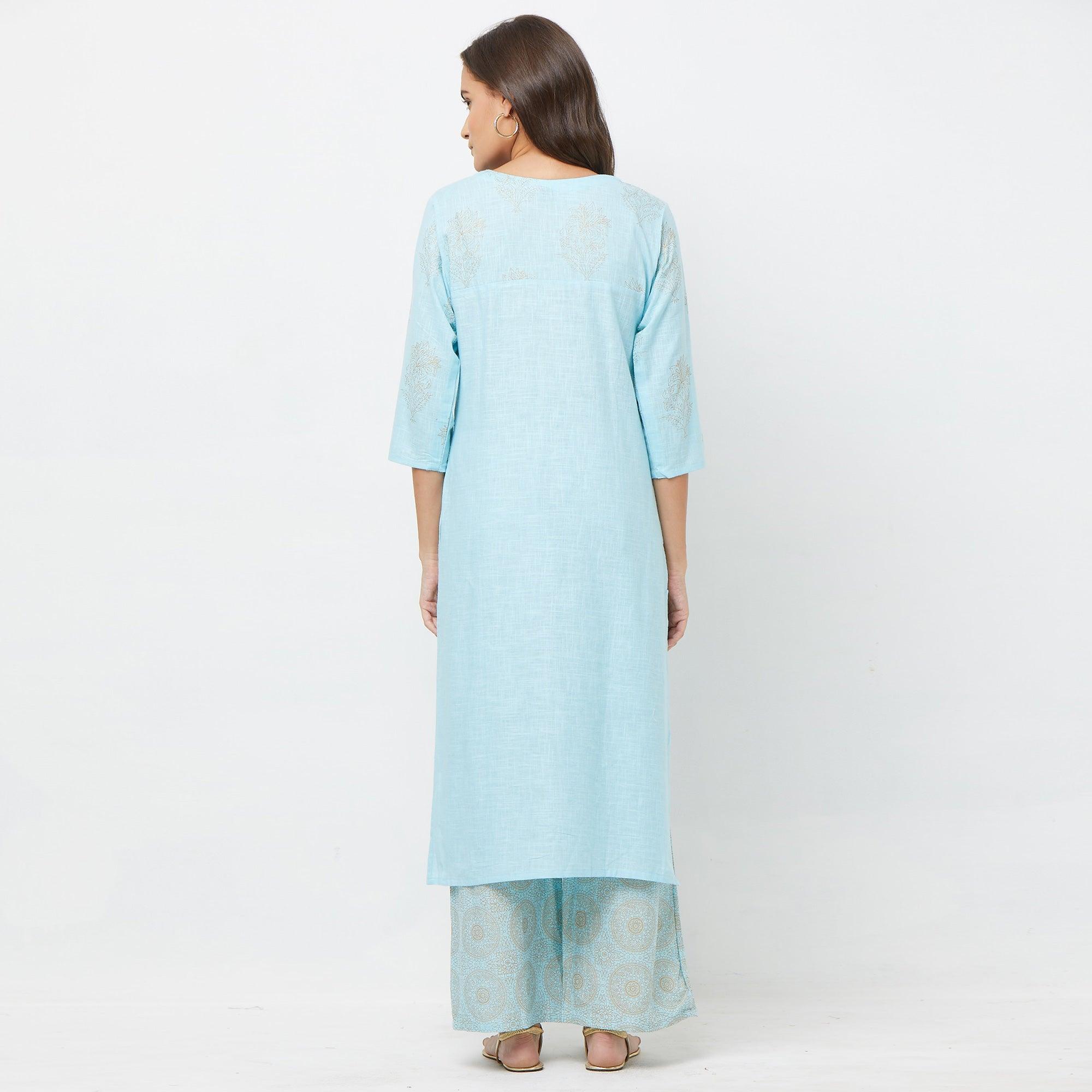 Appealing Light Blue Colored Partywear Embroidered Cotton Kurti-Palazzo Set - Peachmode