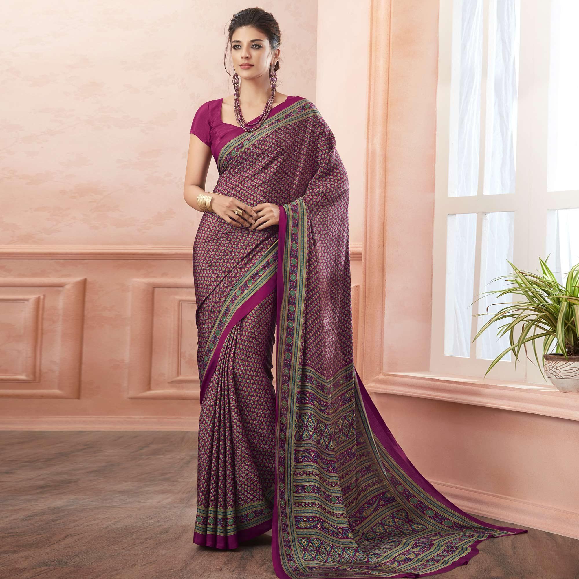 Appealing Magenta Pink Colored Casual Printed Pure Crepe Saree - Peachmode