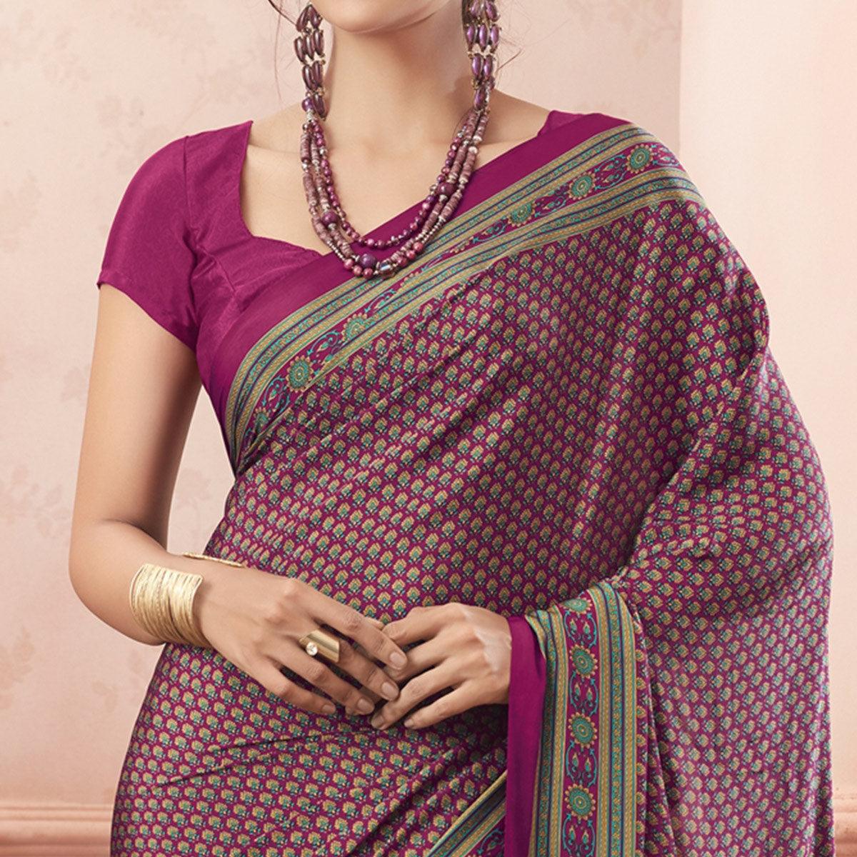 Appealing Magenta Pink Colored Casual Printed Pure Crepe Saree - Peachmode