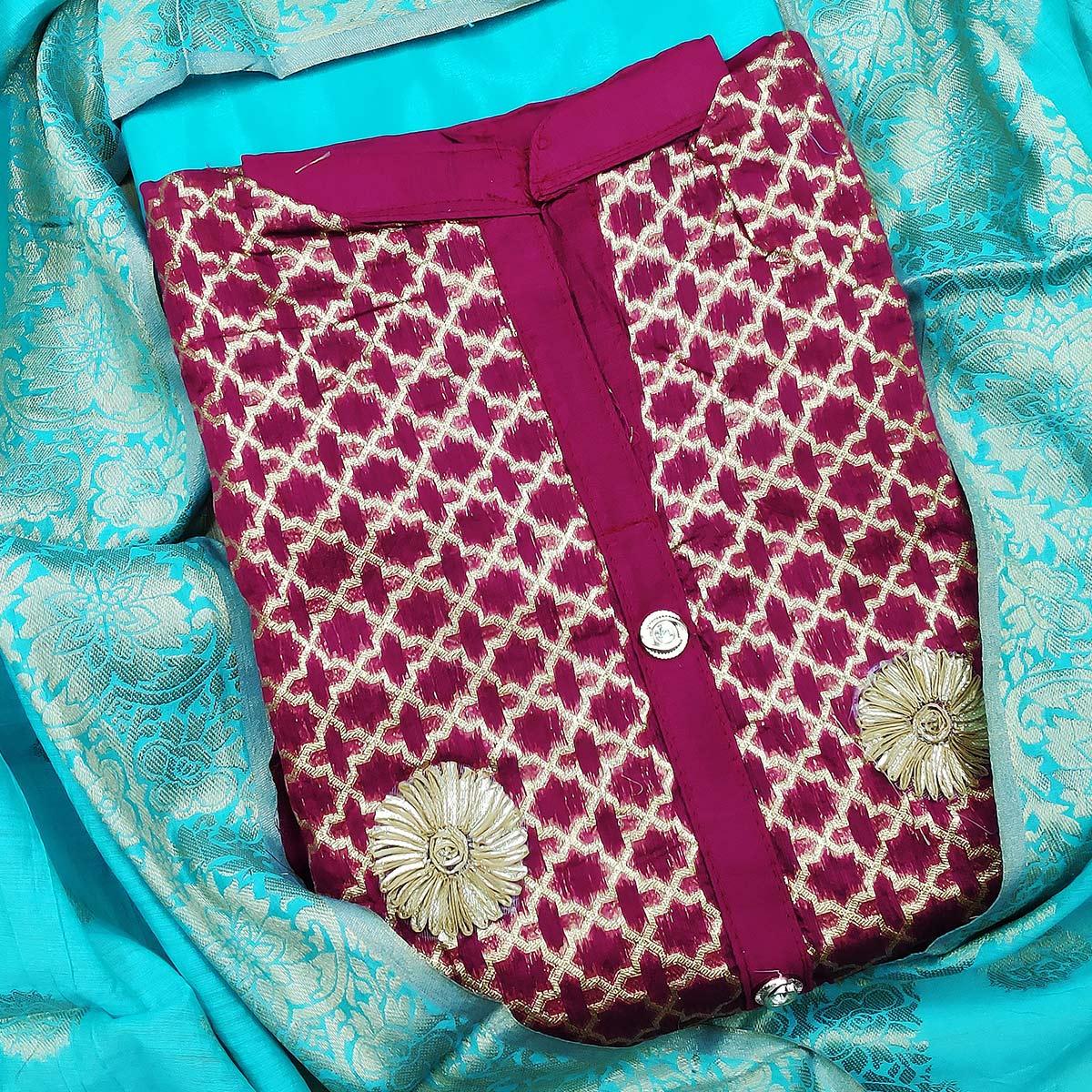 Appealing Magenta Pink Colored Festive Wear Woven Heavy Banarasi Silk Dress Material - Peachmode