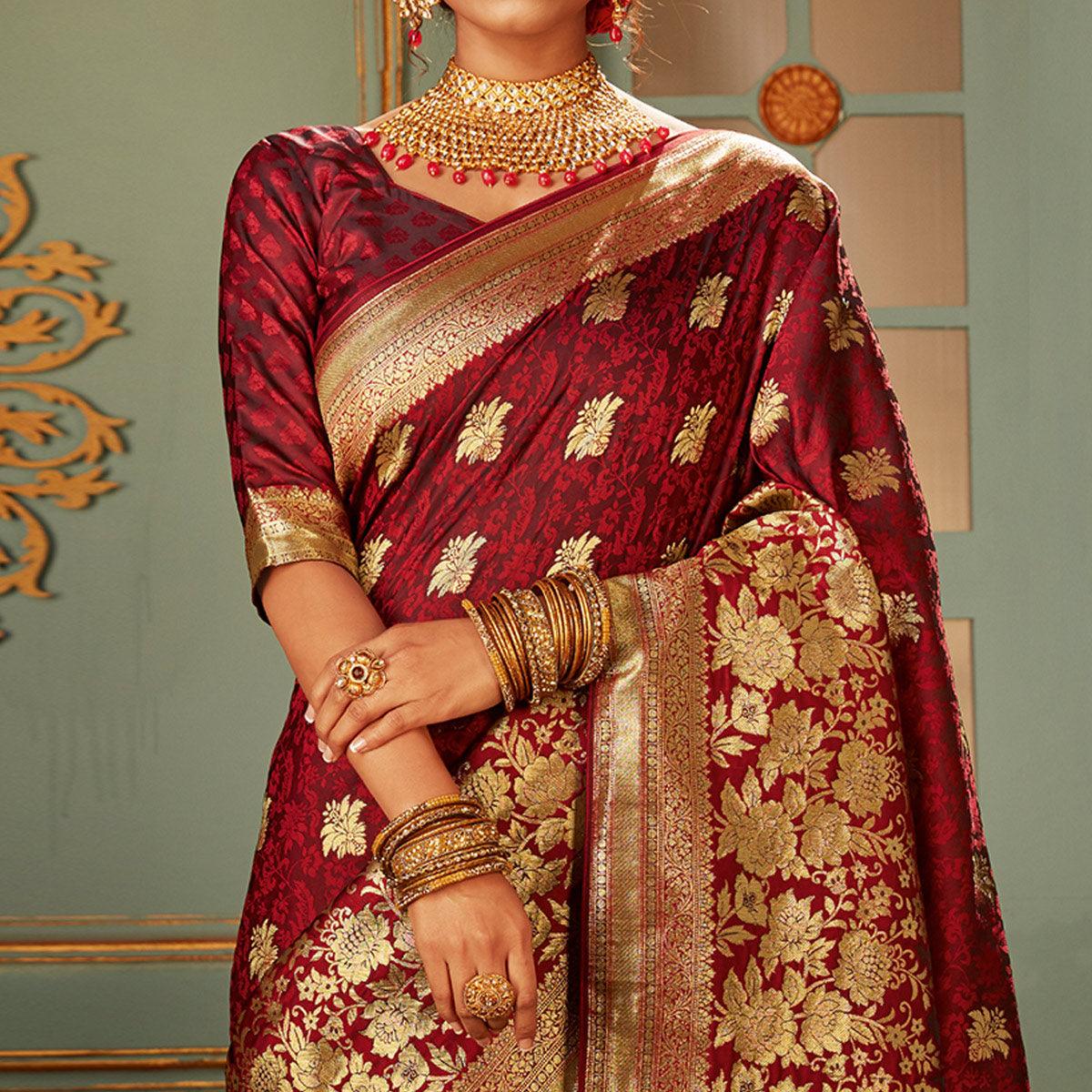 Appealing Maroon Colored Festive Wear Woven Banarasi Silk Saree - Peachmode