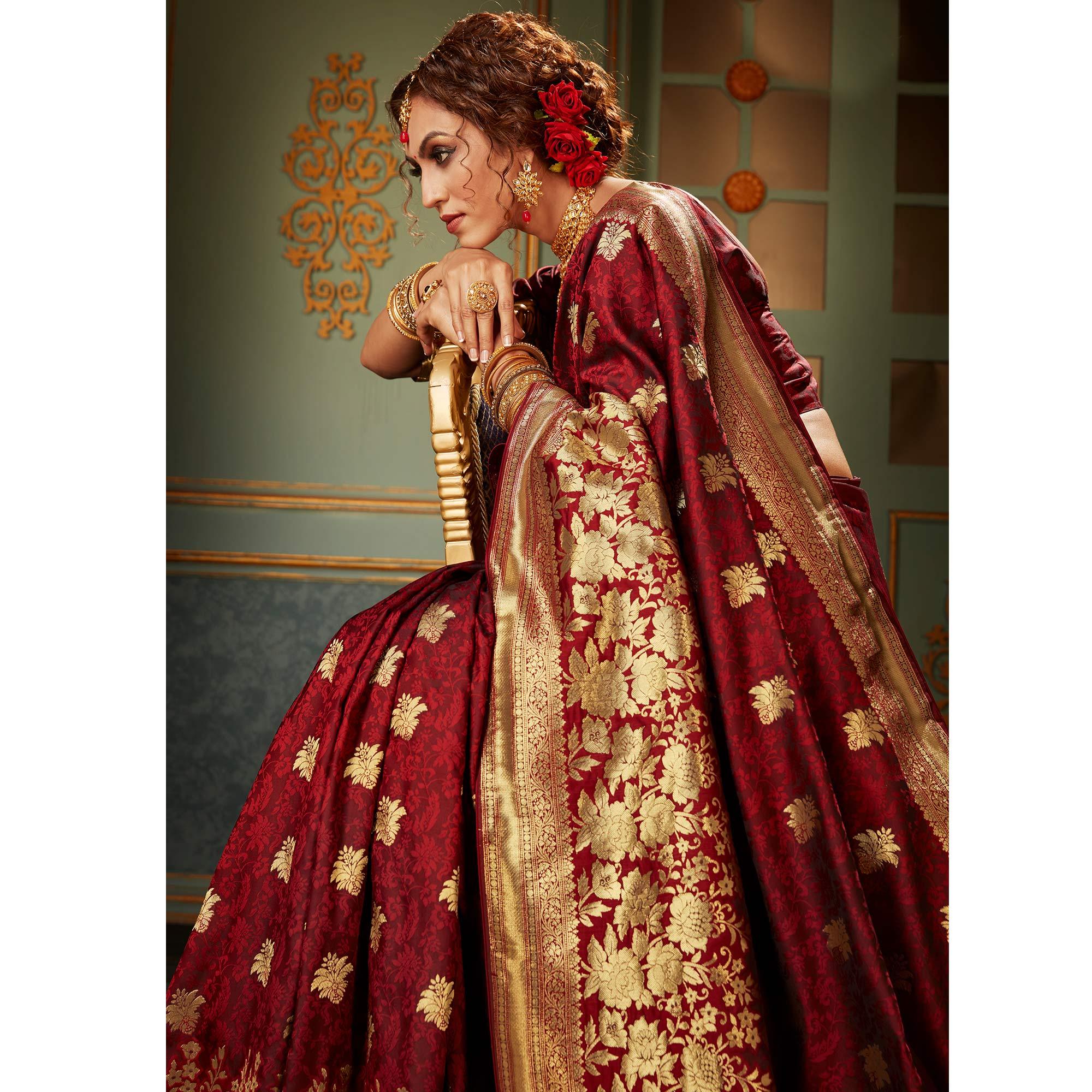 Appealing Maroon Colored Festive Wear Woven Banarasi Silk Saree - Peachmode