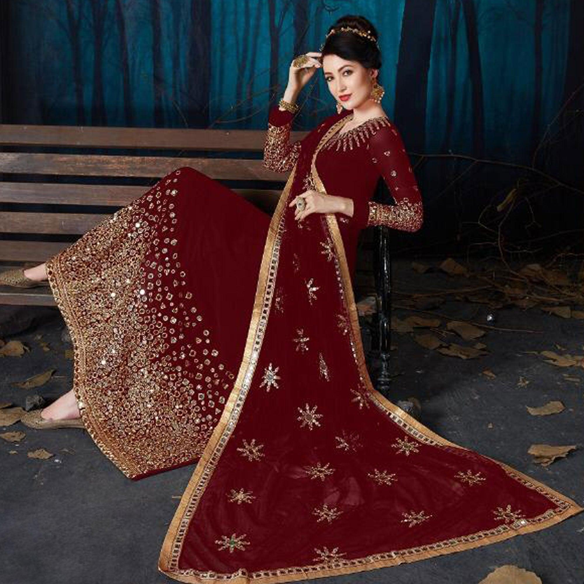 Appealing Maroon Colored Partywear Embroidered Georgette Anarkali Suit - Peachmode