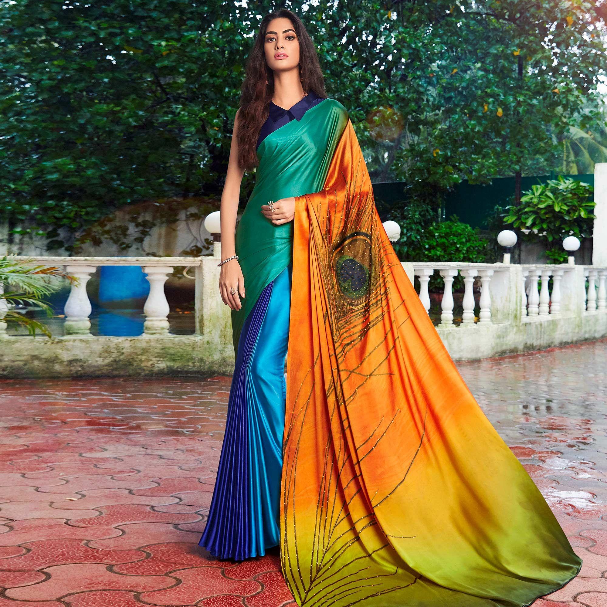 Appealing Multi Colored Party Wear Printed Silk Saree - Peachmode