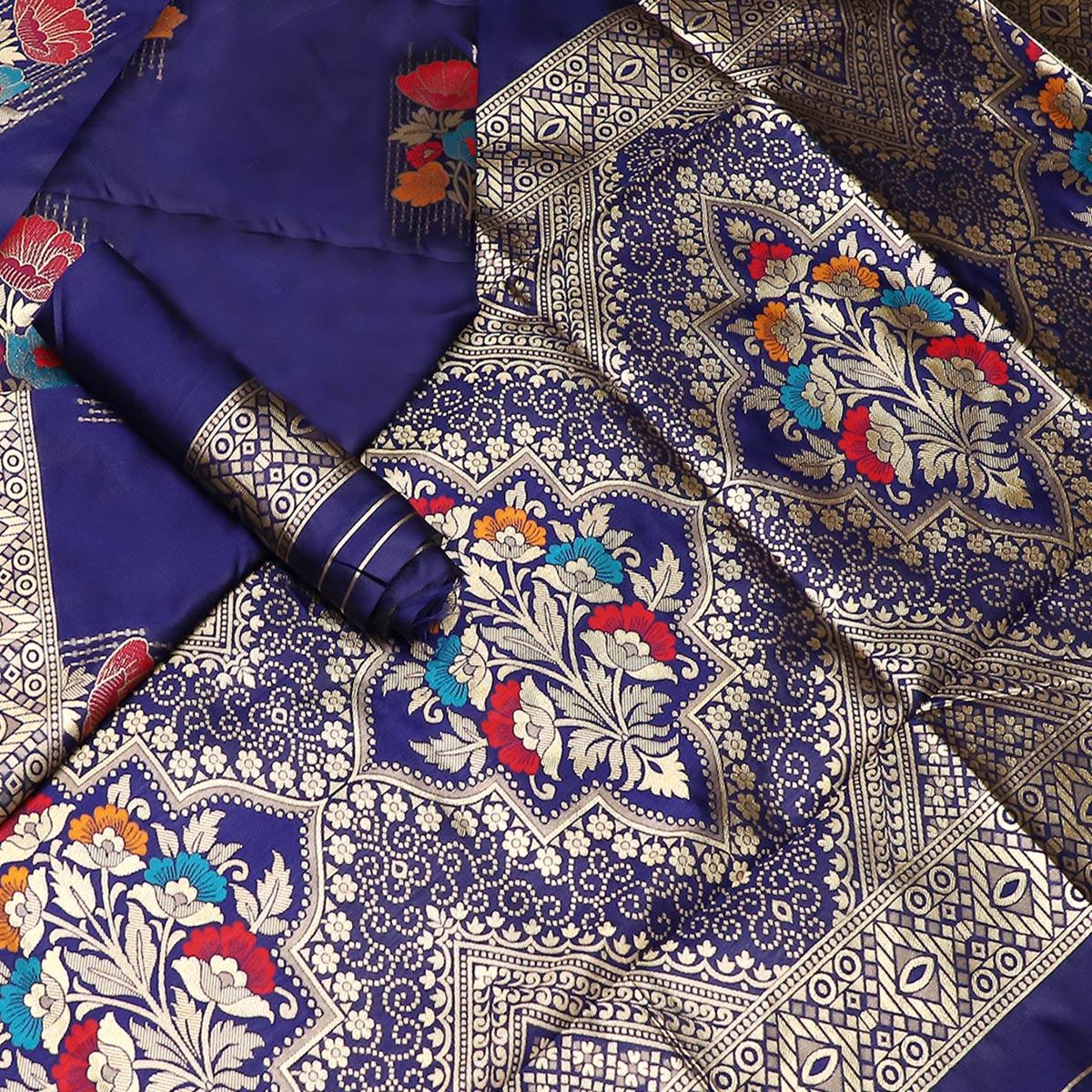 Appealing Navy Blue Colored Festive Wear Woven Banarasi Silk Saree - Peachmode