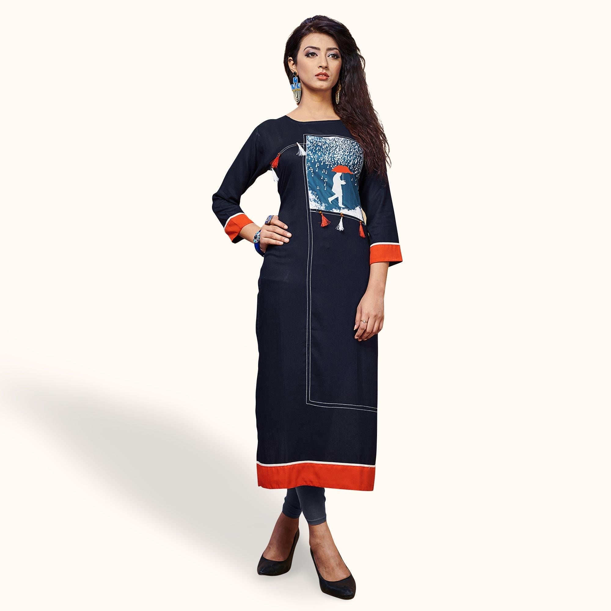 Appealing Navy Blue Colored Party Wear Printed Rayon Kurti - Peachmode