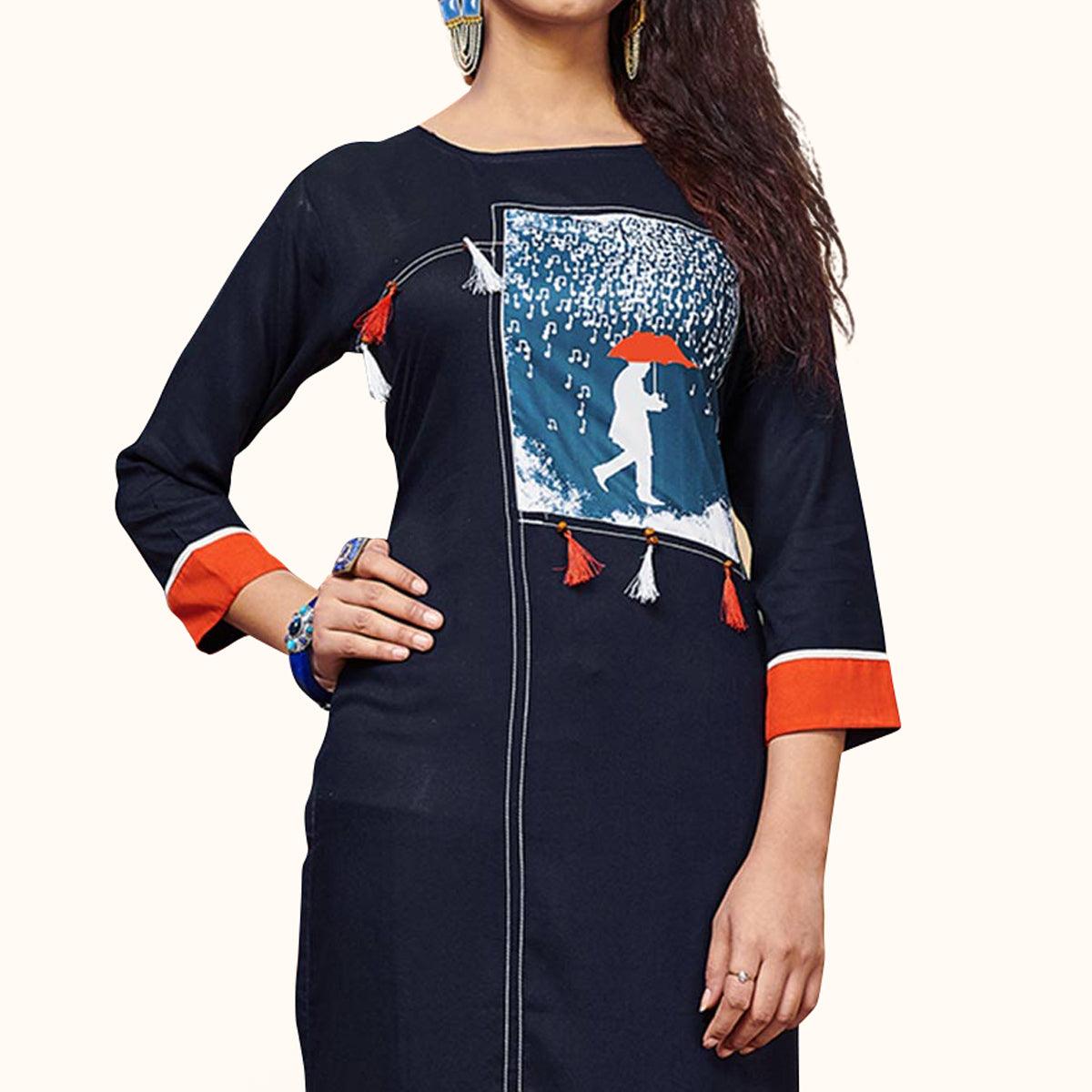 Appealing Navy Blue Colored Party Wear Printed Rayon Kurti - Peachmode