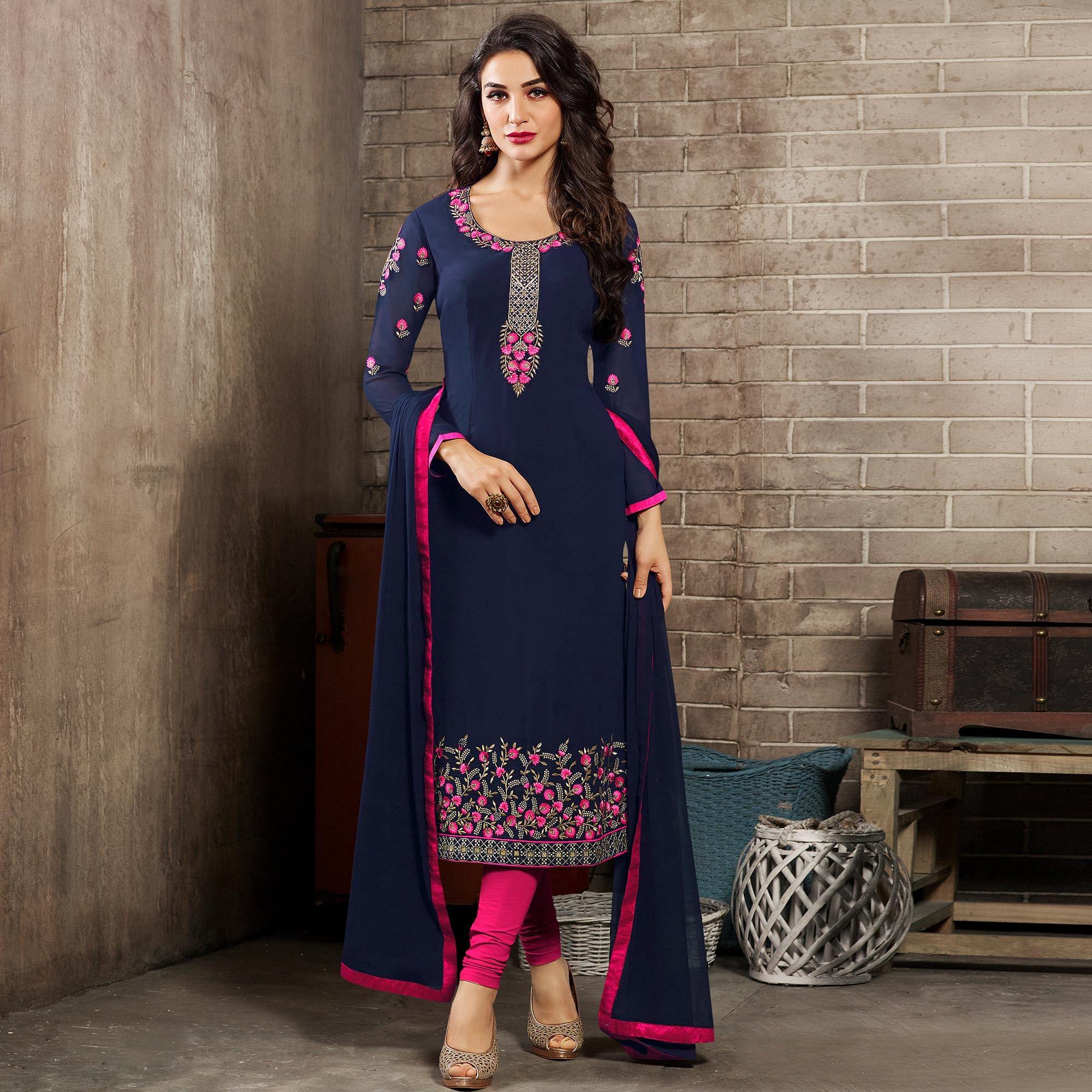 Appealing Navy Blue Colored Partywear Embroidered Georgette Suit - Peachmode