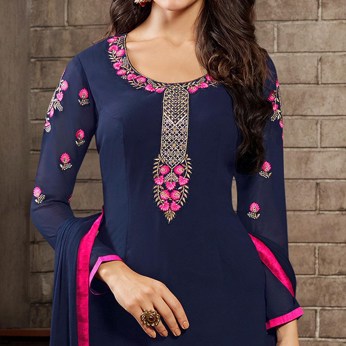 Appealing Navy Blue Colored Partywear Embroidered Georgette Suit - Peachmode