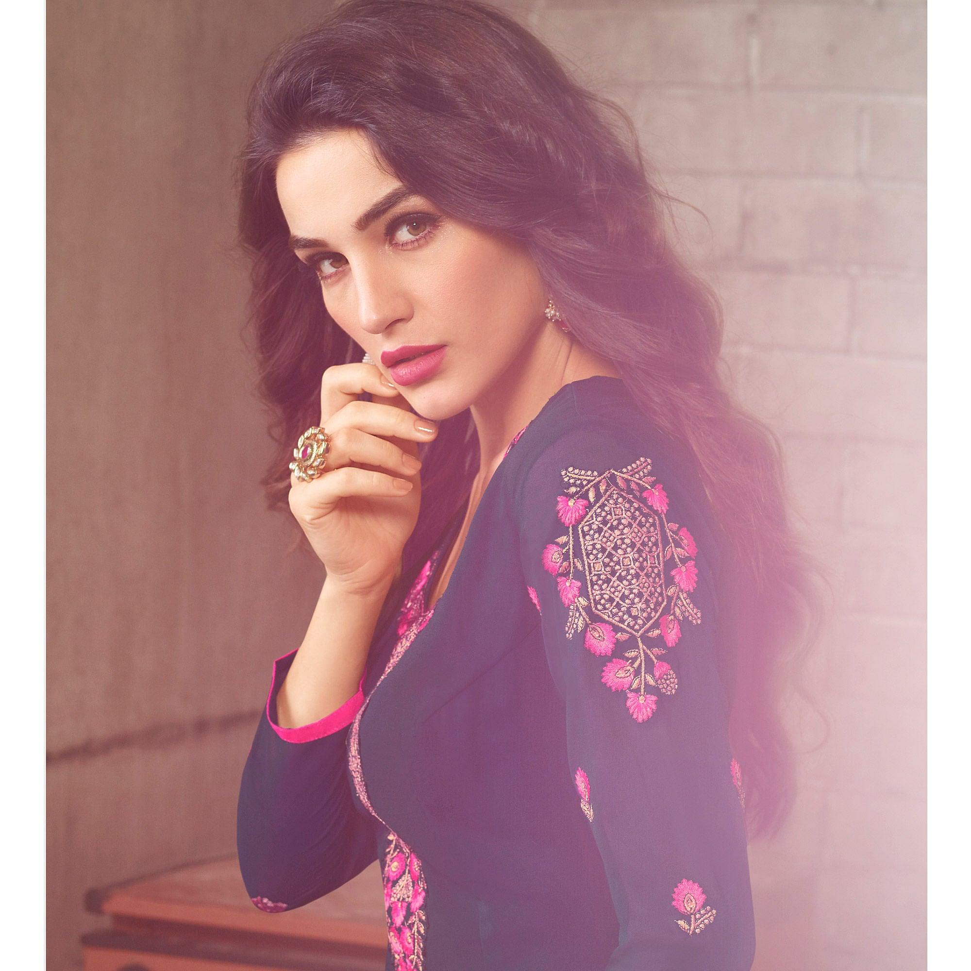 Appealing Navy Blue Colored Partywear Embroidered Georgette Suit - Peachmode