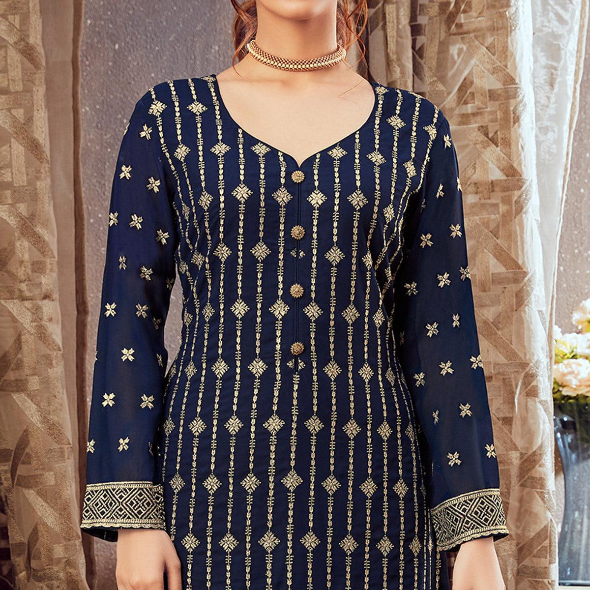 Appealing Navy Blue Colored Partywear Embroidered Pure Georgette Palazzo Suit - Peachmode