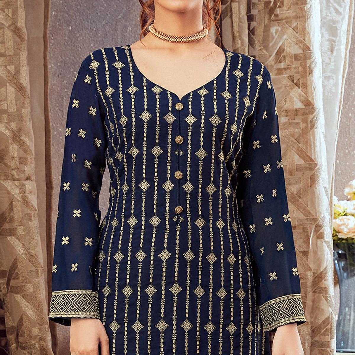Appealing Navy Blue Colored Partywear Embroidered Pure Georgette Palazzo Suit - Peachmode