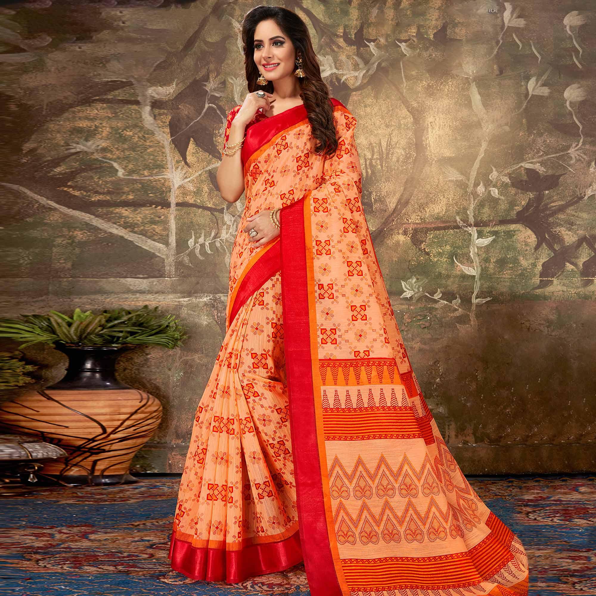 Appealing Orange Colored Casual Wear Printed Cotton Saree - Peachmode