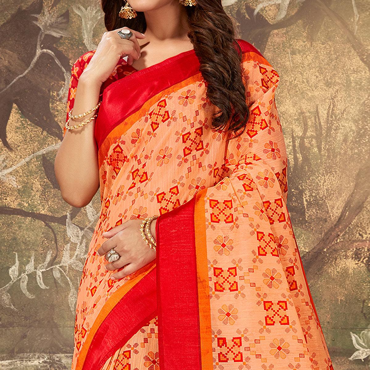 Appealing Orange Colored Casual Wear Printed Cotton Saree - Peachmode