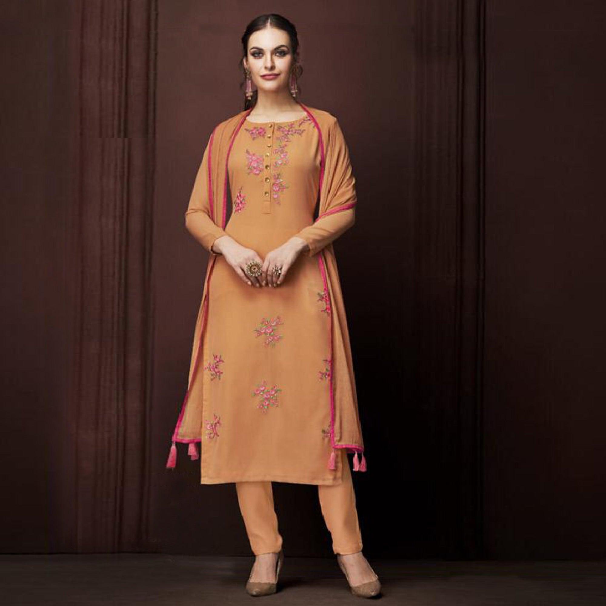 Appealing Orange Colored Partywear Embroidered Georgette Suit - Peachmode