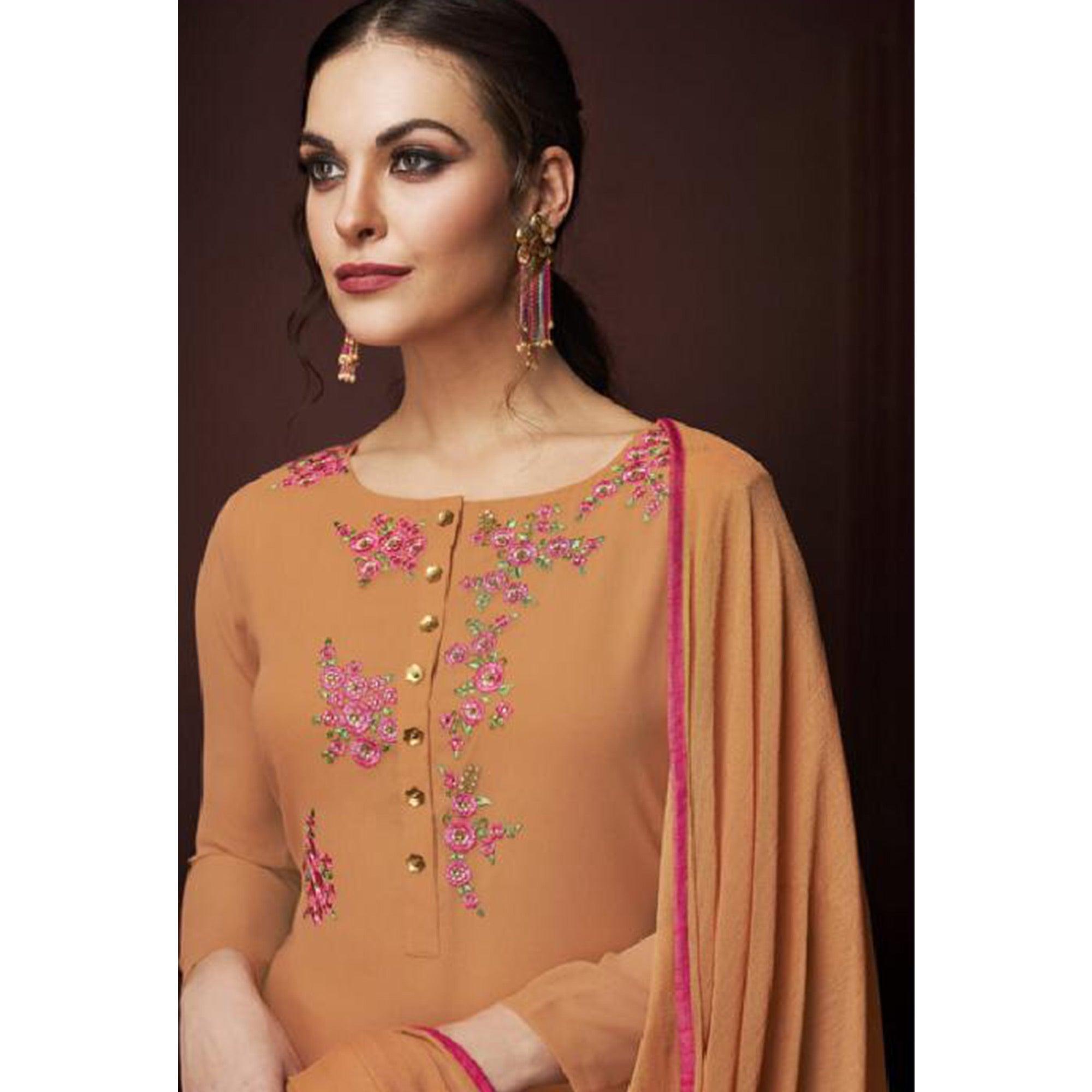Appealing Orange Colored Partywear Embroidered Georgette Suit - Peachmode