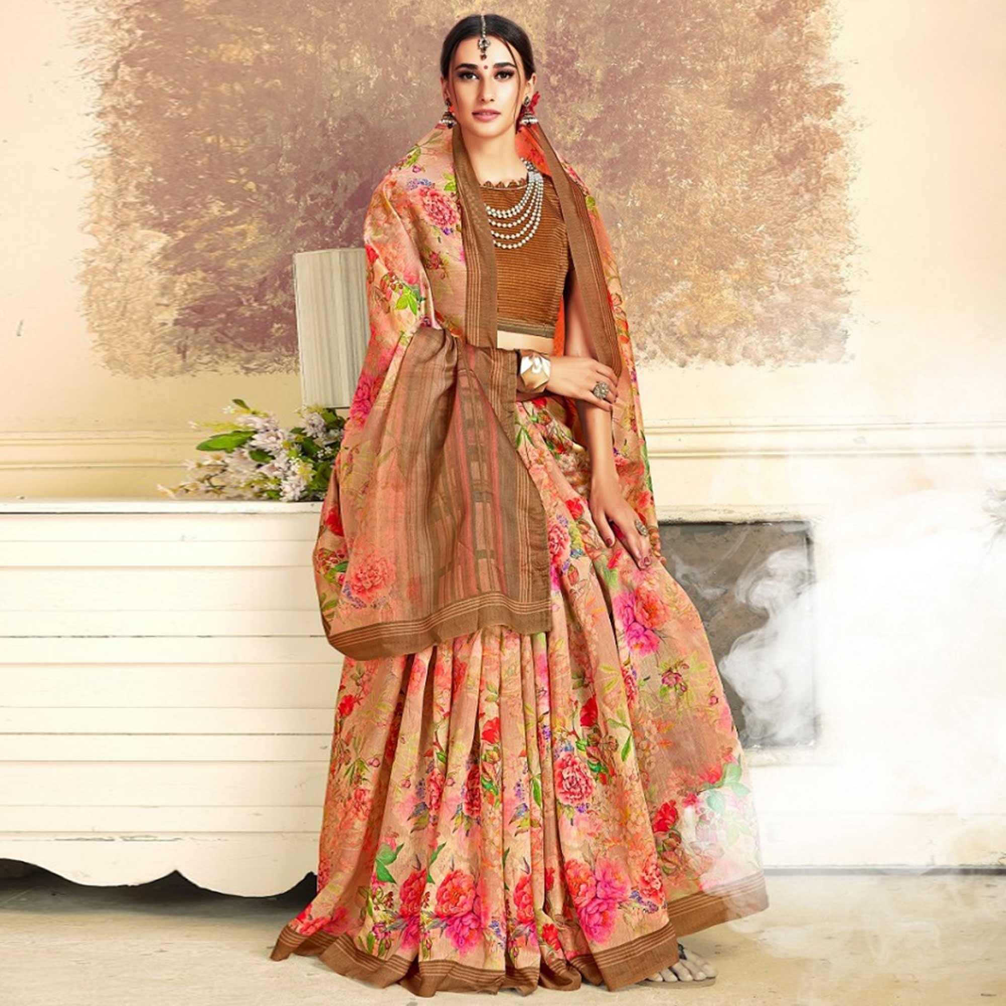Appealing Peach Colored Casual Printed Art Silk Saree - Peachmode