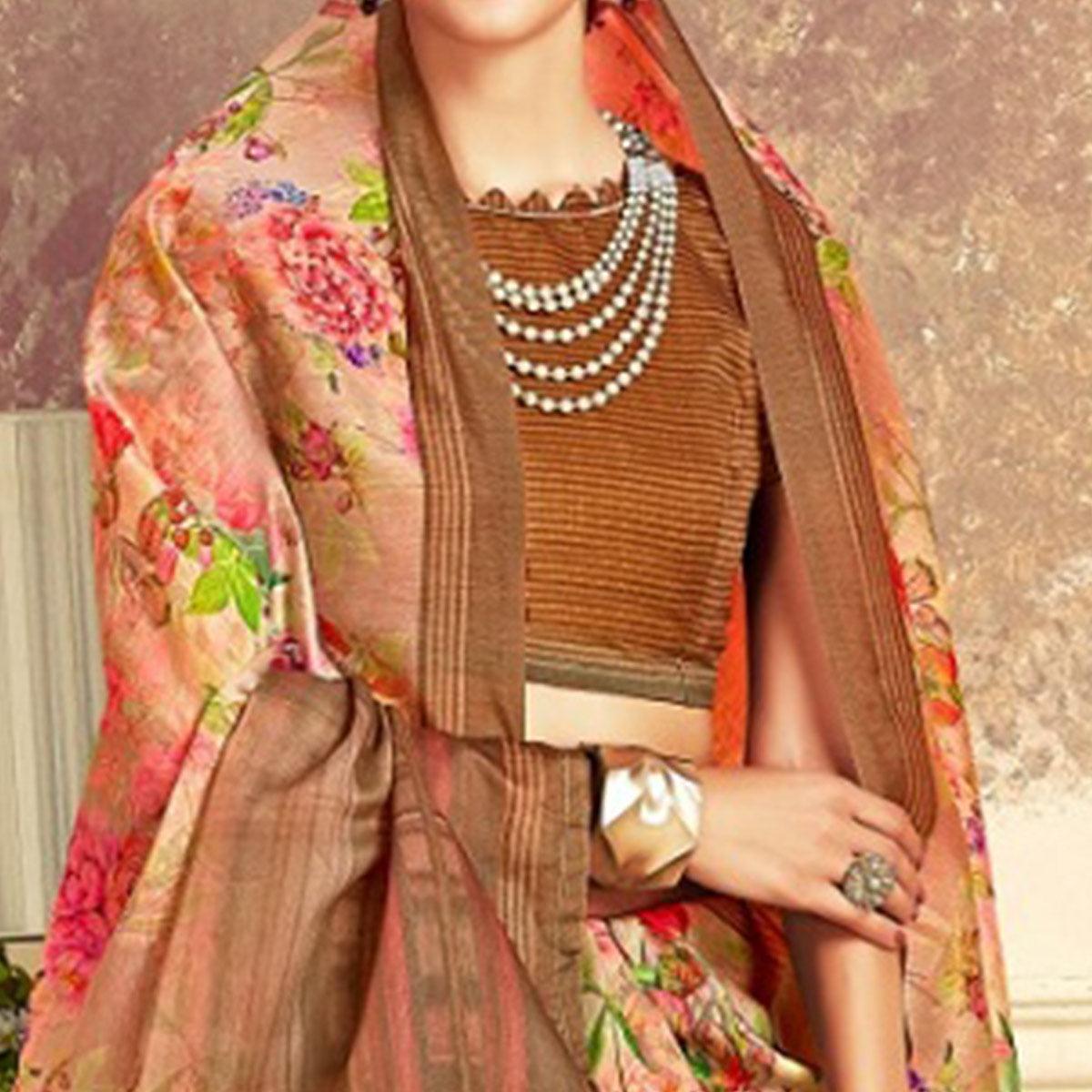 Appealing Peach Colored Casual Printed Art Silk Saree - Peachmode