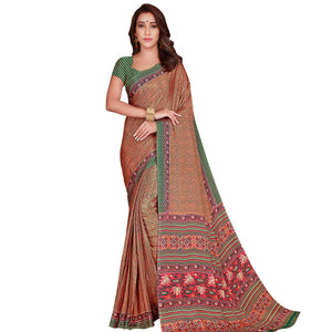 Appealing Peach Colored Casual Wear Printed Silk Crepe Saree - Peachmode
