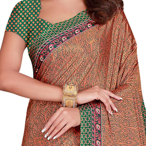Appealing Peach Colored Casual Wear Printed Silk Crepe Saree - Peachmode