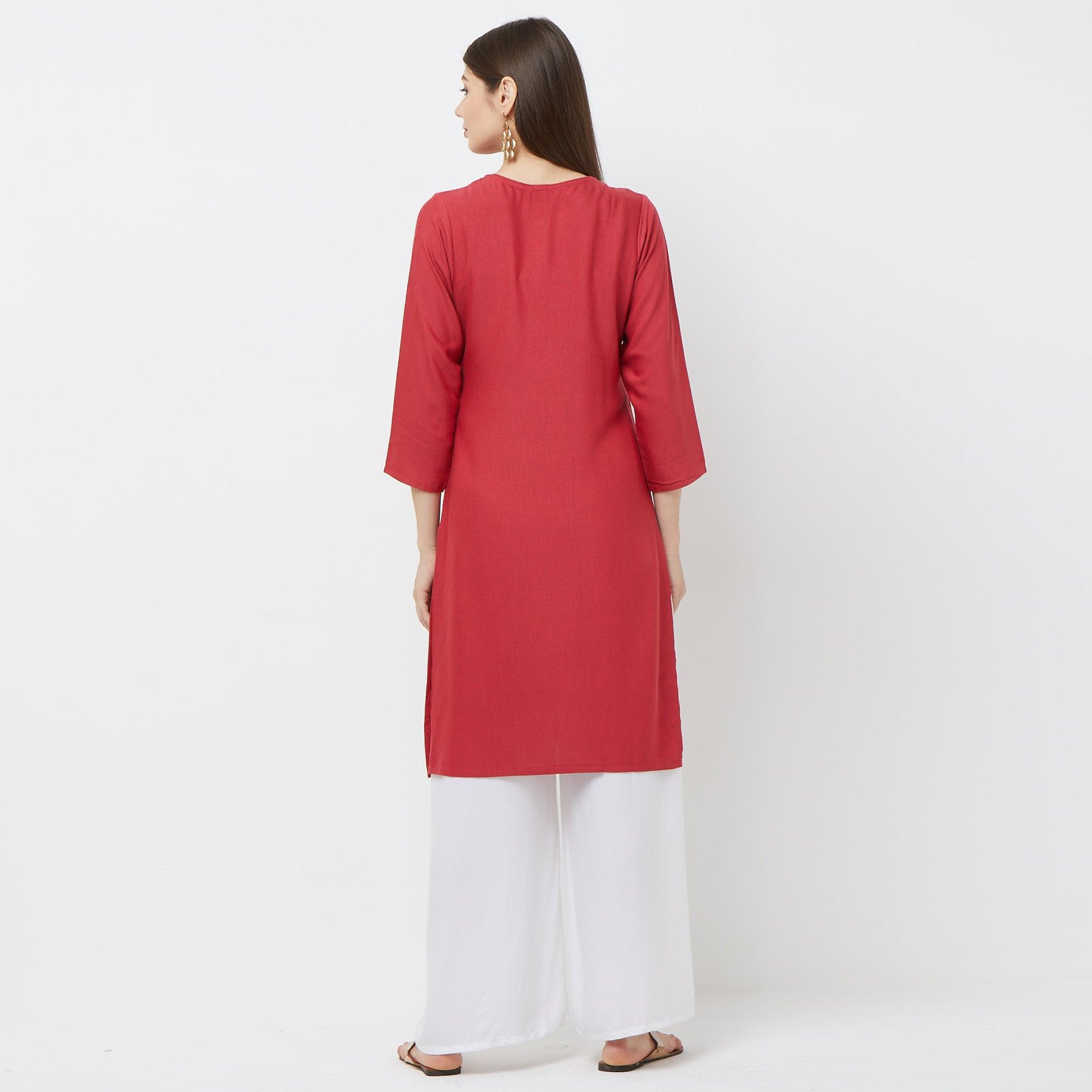 Appealing Pink Colored Casual Embroidered Cotton Kurti - Peachmode