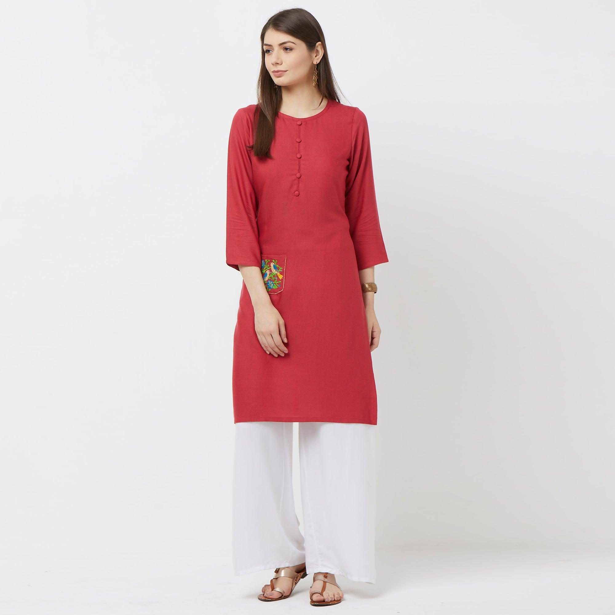 Appealing Pink Colored Casual Embroidered Cotton Kurti - Peachmode