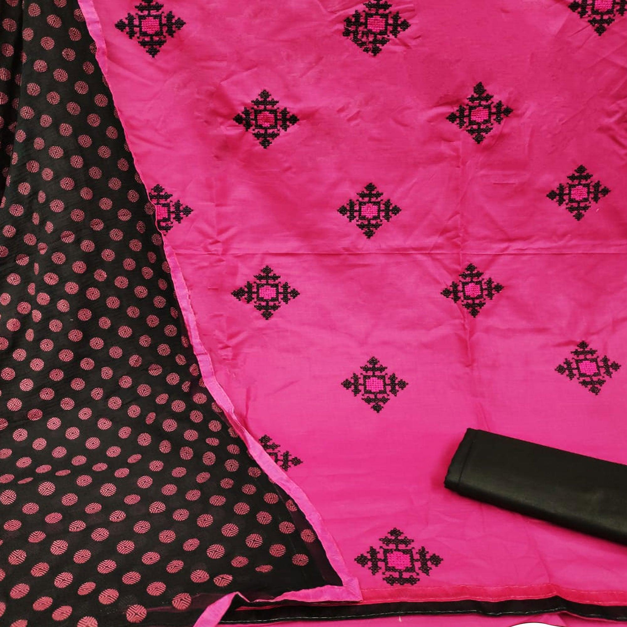 Appealing Pink Colored Casual Wear Embroidered Cotton Dress Material - Peachmode