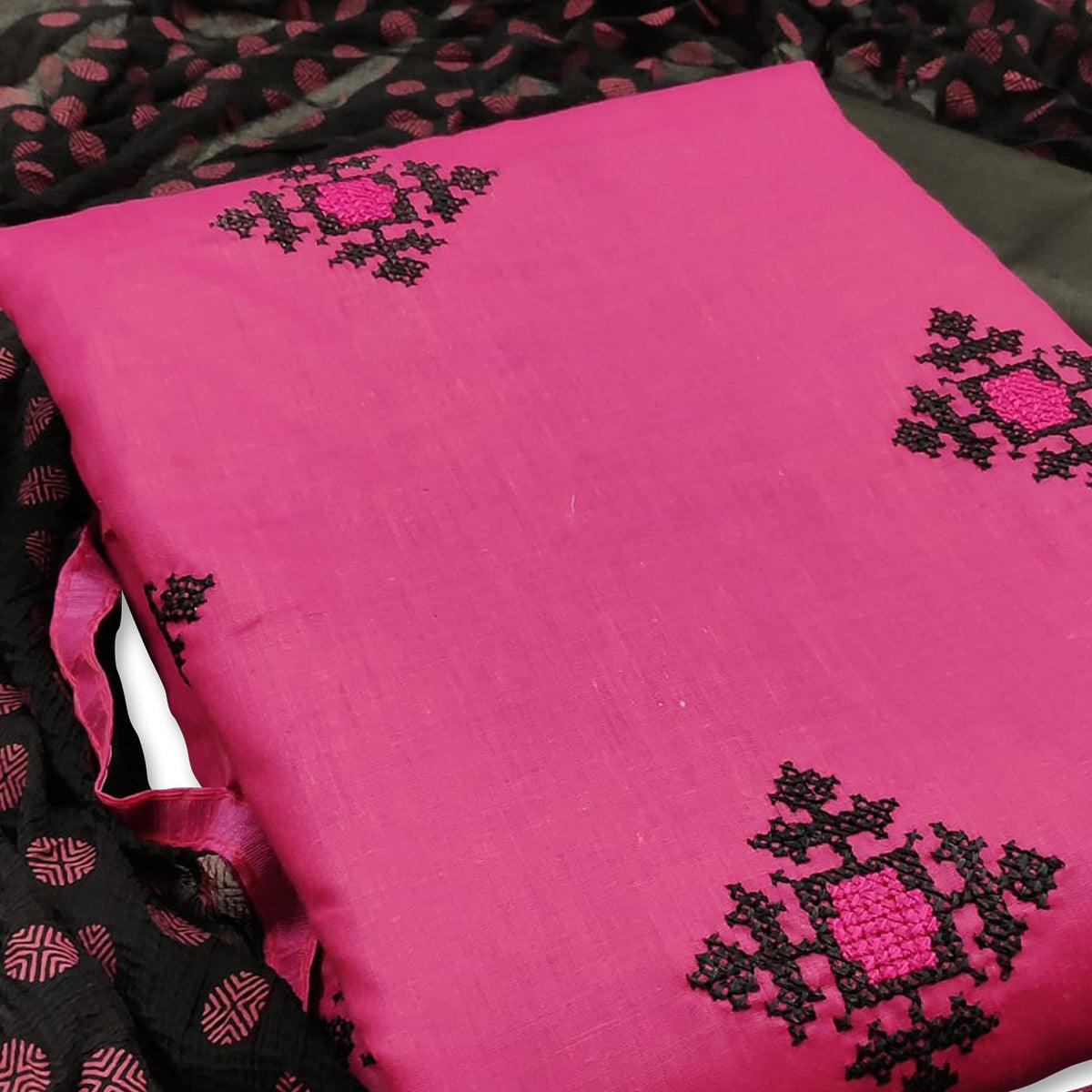 Appealing Pink Colored Casual Wear Embroidered Cotton Dress Material - Peachmode