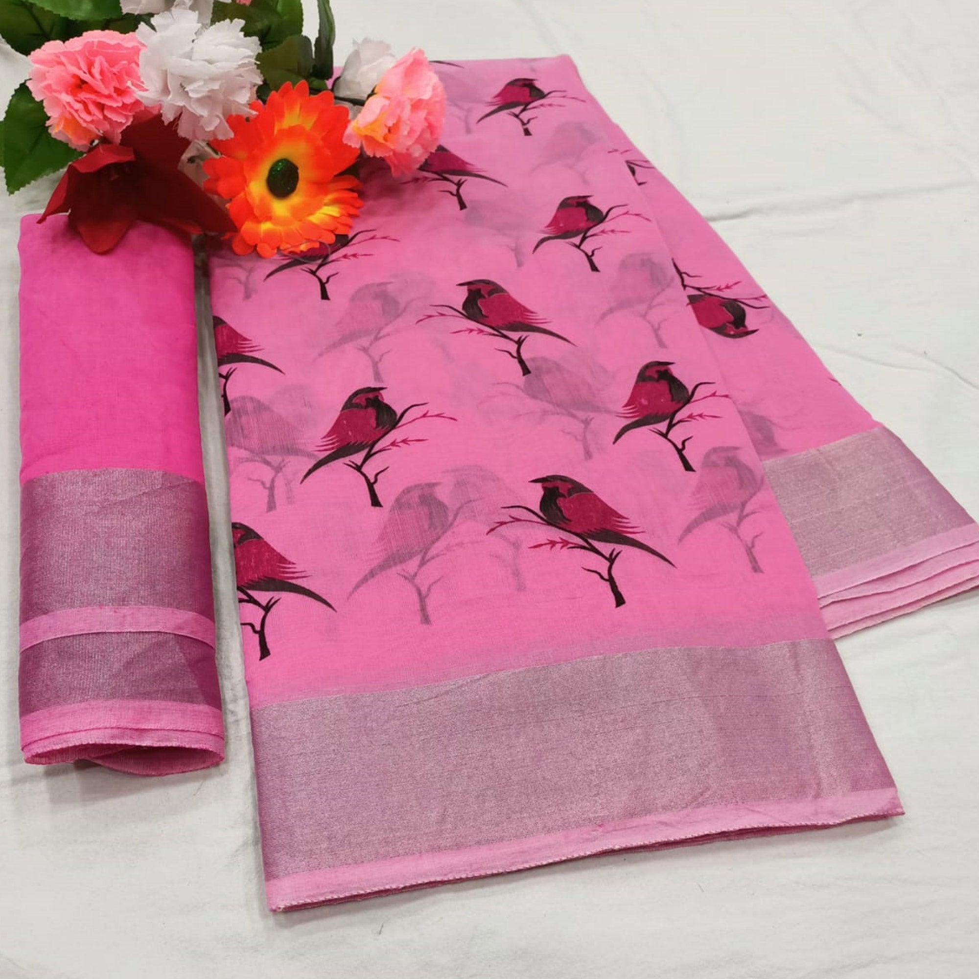 Appealing Pink Colored Casual Wear Printed Cotton Linen Saree - Peachmode