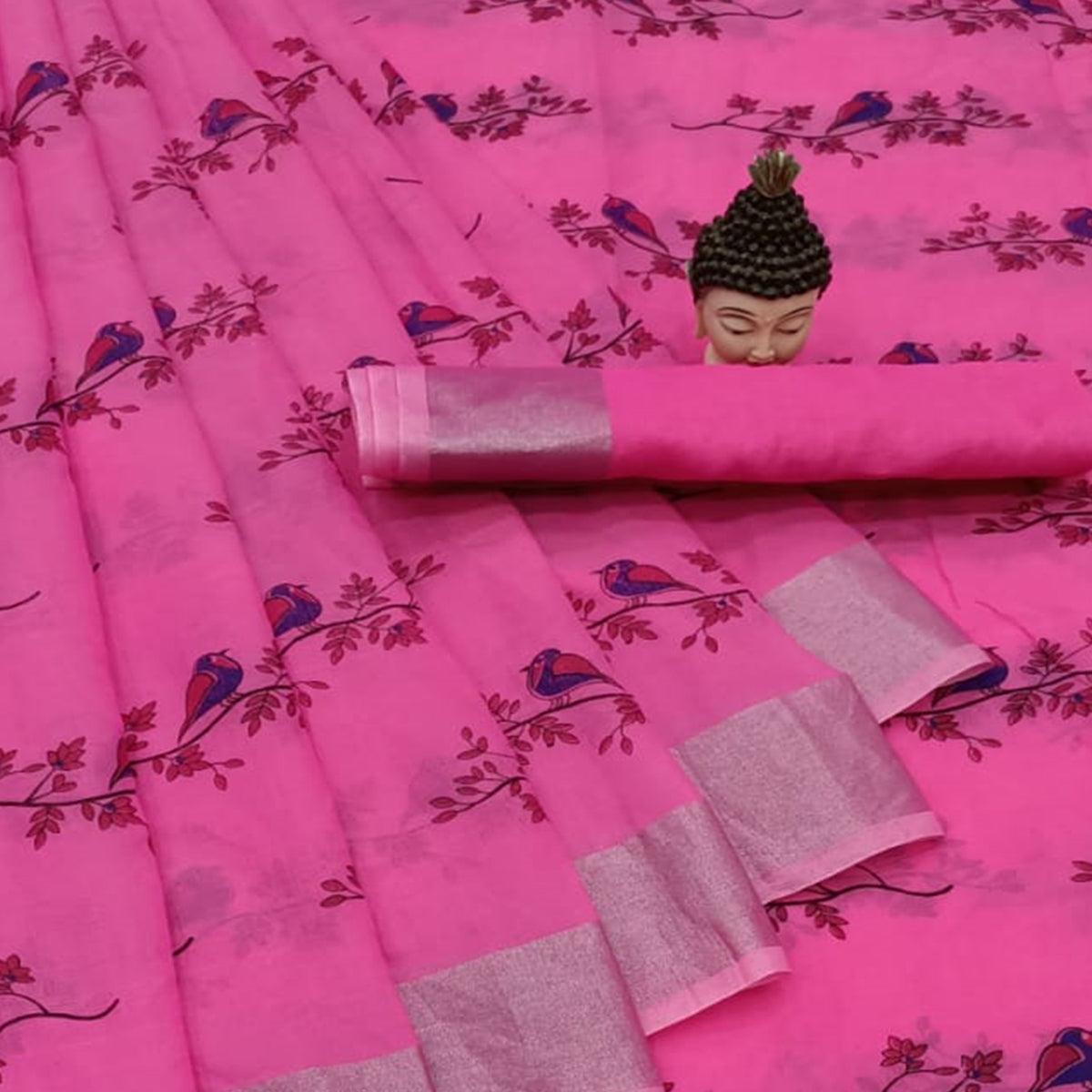 Appealing Pink Colored Casual Wear Printed Cotton Linen Saree - Peachmode