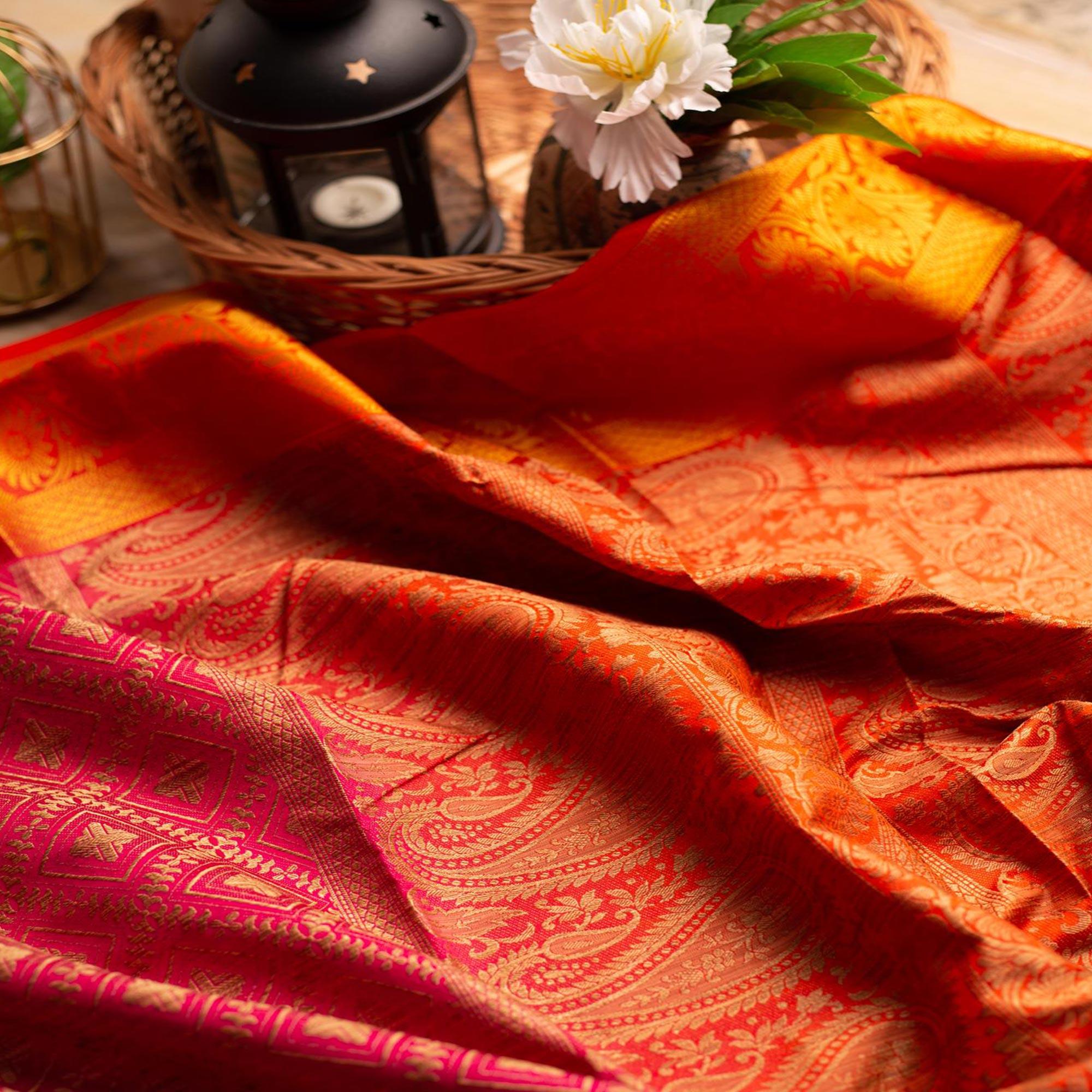 Appealing Pink Colored Festive Wear Woven Art Silk Saree - Peachmode