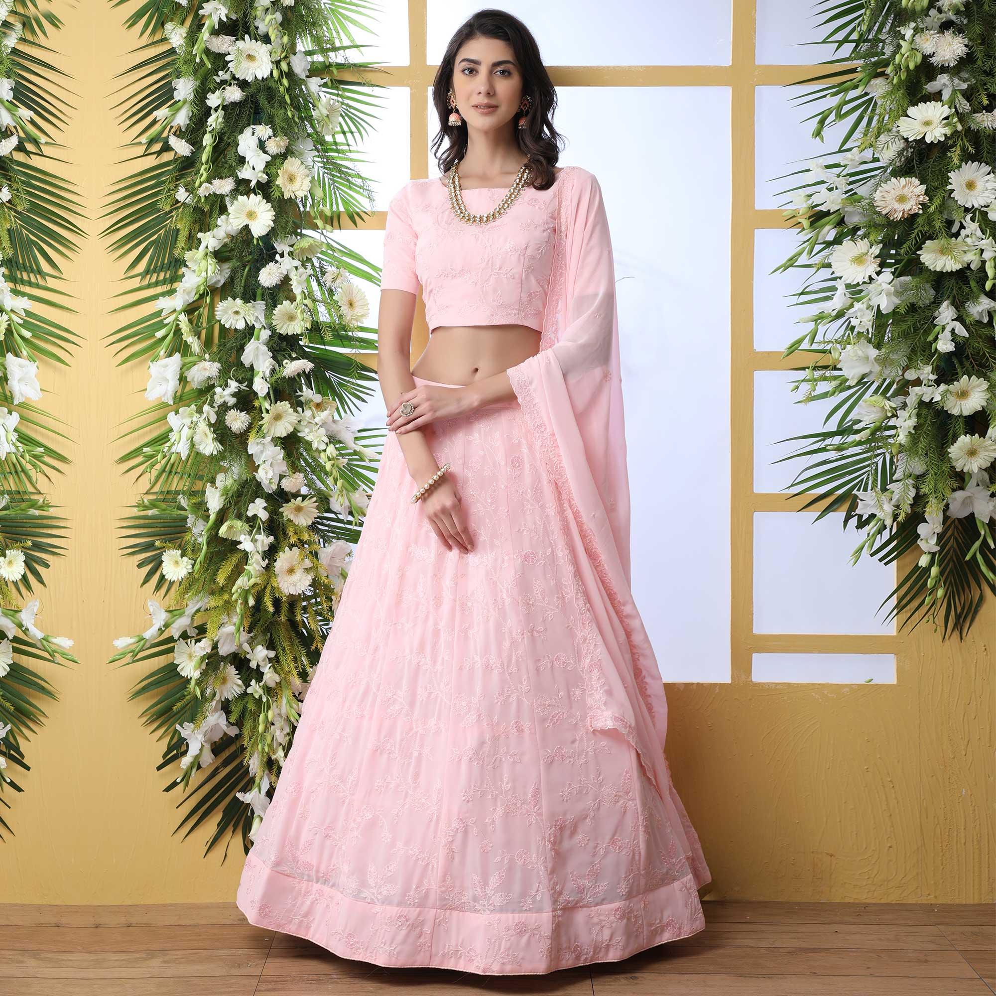Appealing Pink Colored Party Wear Embroidered Georgette Legenga Choli - Peachmode