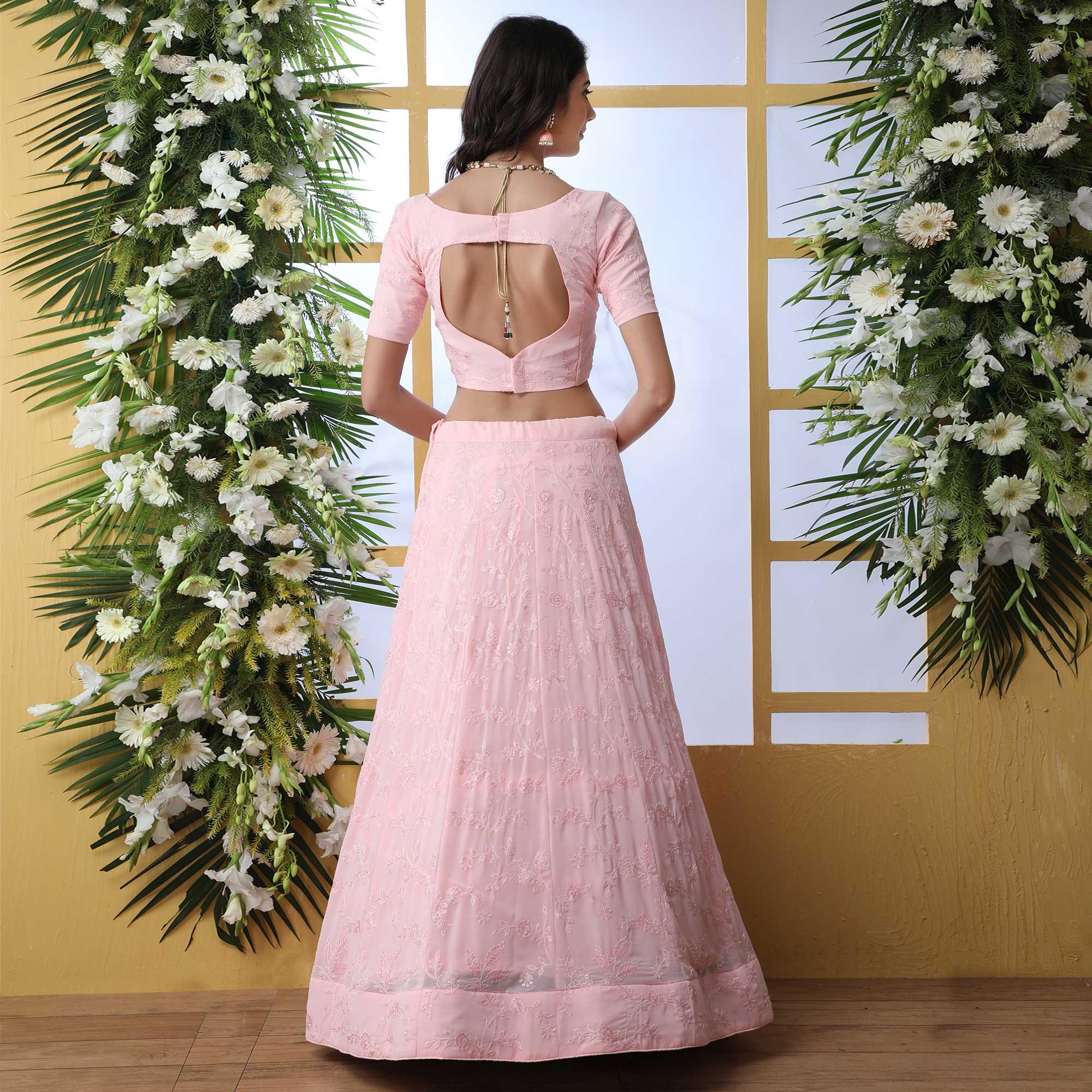Appealing Pink Colored Party Wear Embroidered Georgette Legenga Choli - Peachmode
