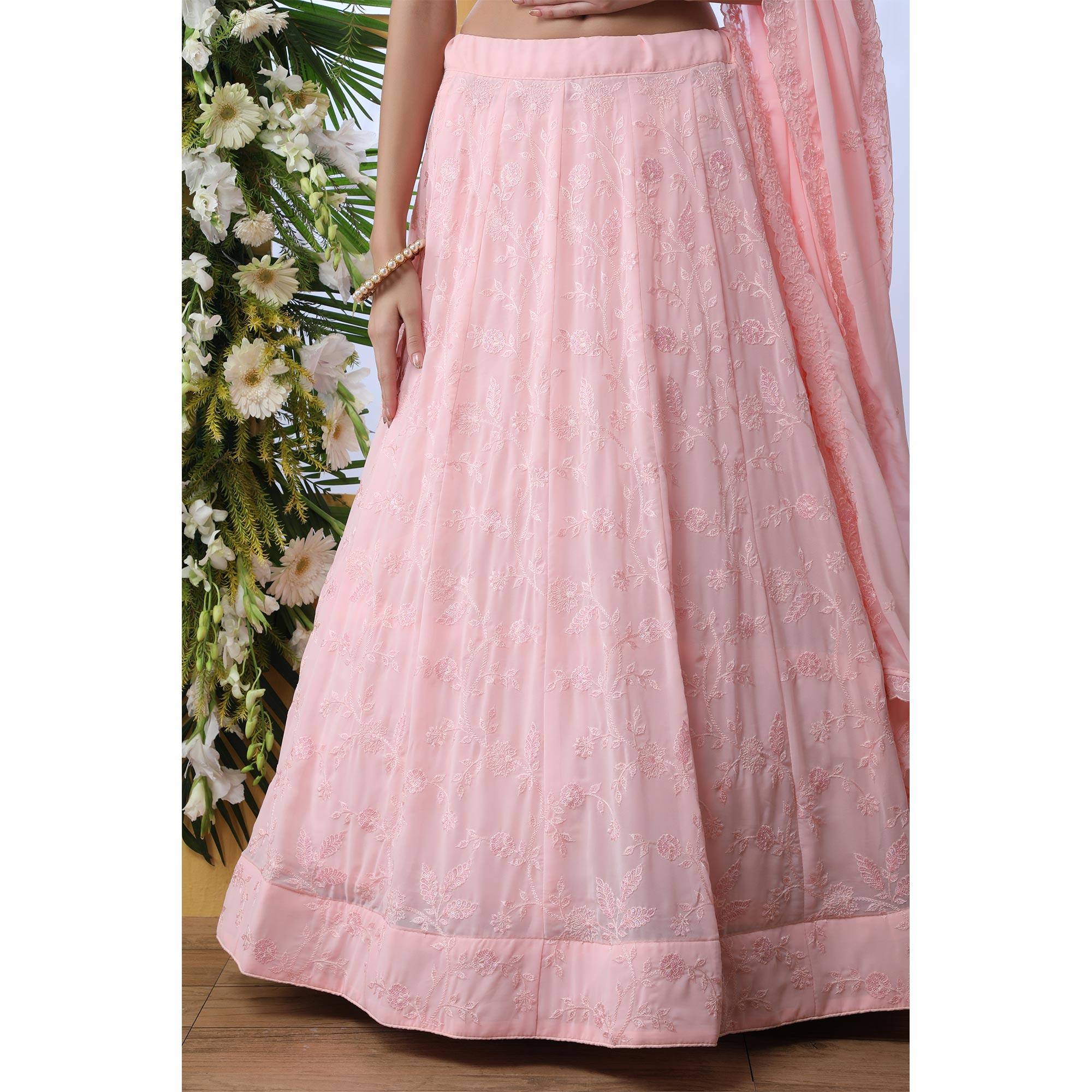 Appealing Pink Colored Party Wear Embroidered Georgette Legenga Choli - Peachmode