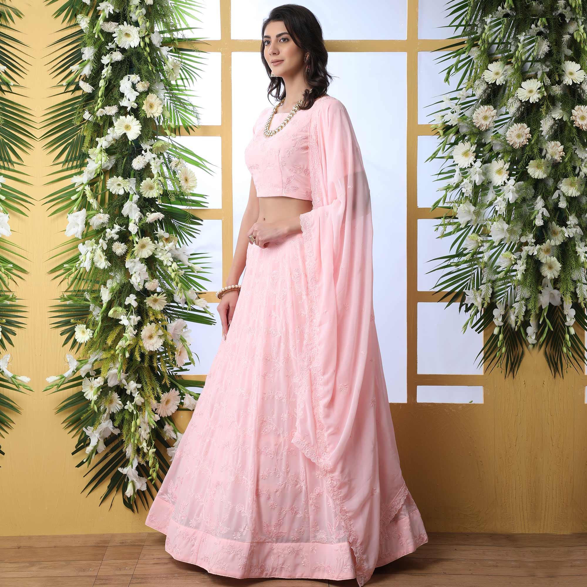 Appealing Pink Colored Party Wear Embroidered Georgette Legenga Choli - Peachmode