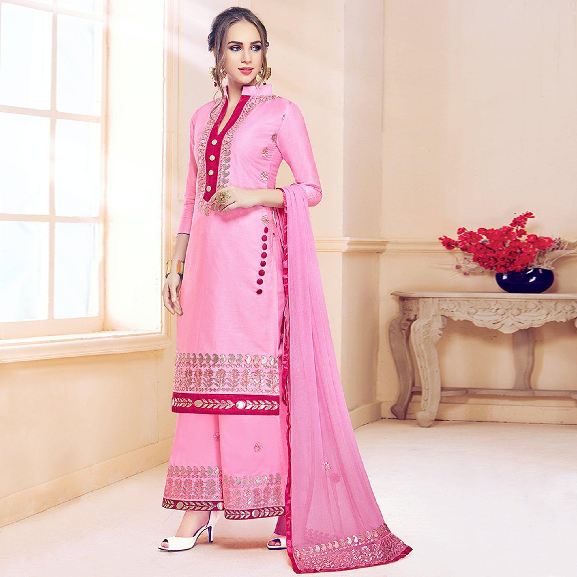 Appealing Pink Colored Partywear Embroidered Cotton Dress Material - Peachmode