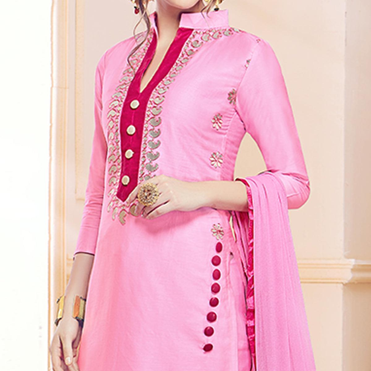Appealing Pink Colored Partywear Embroidered Cotton Dress Material - Peachmode