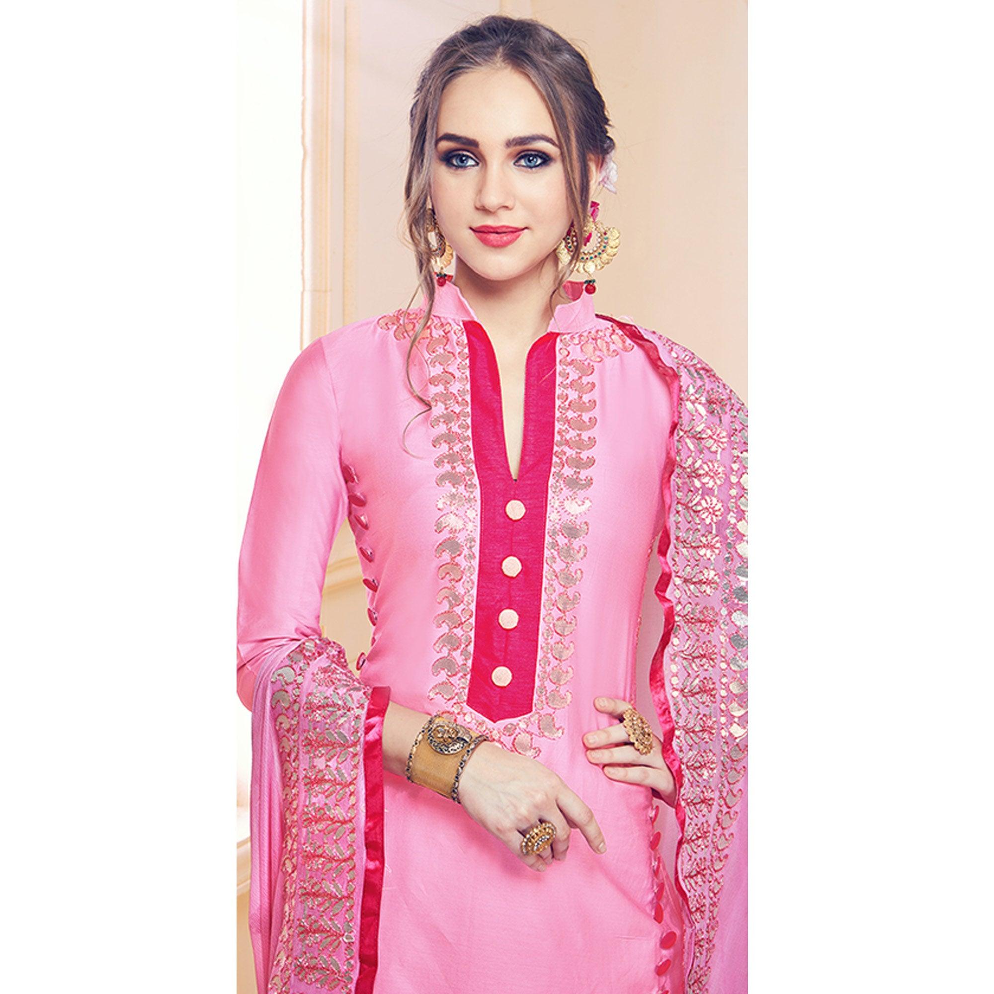 Appealing Pink Colored Partywear Embroidered Cotton Dress Material - Peachmode