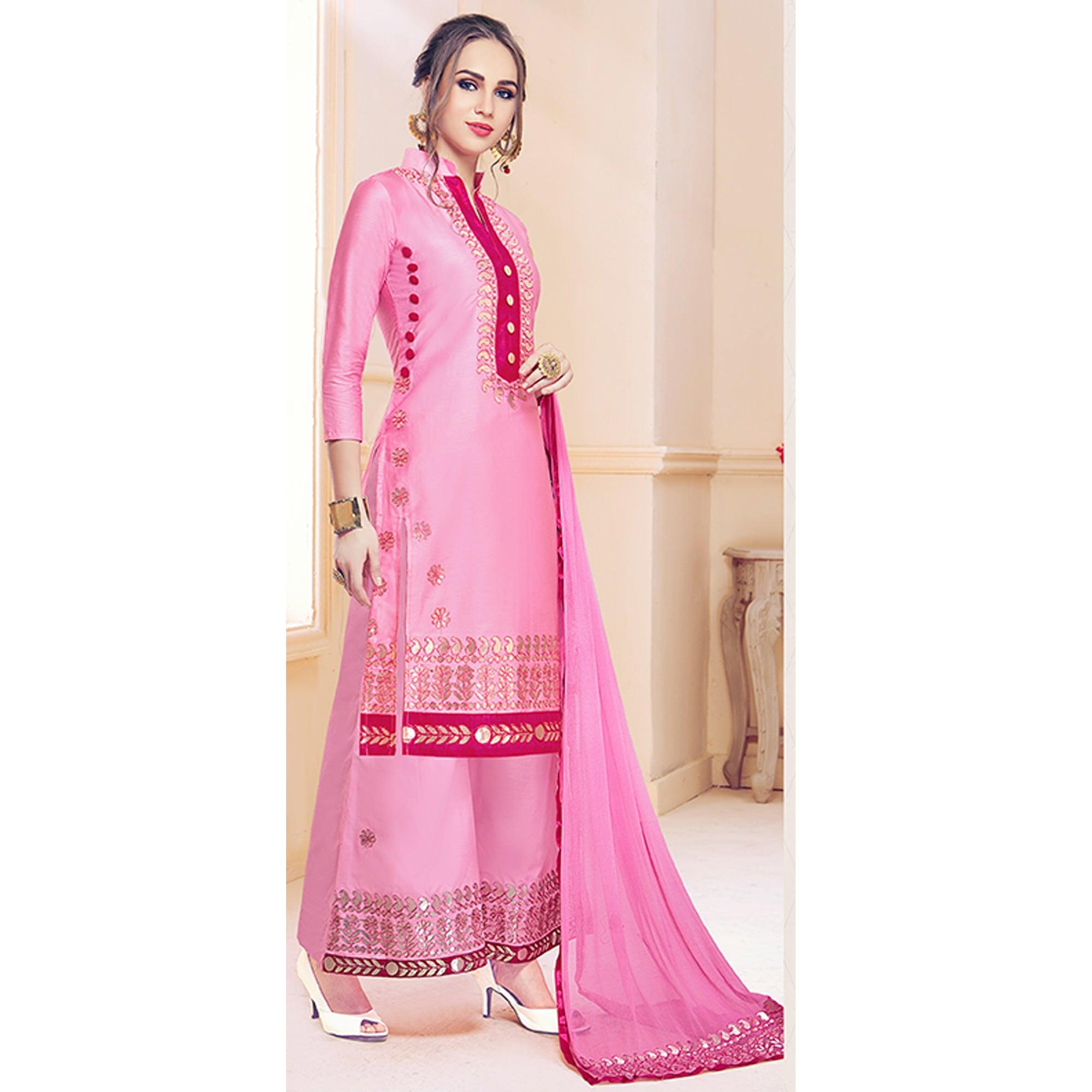 Appealing Pink Colored Partywear Embroidered Cotton Dress Material - Peachmode