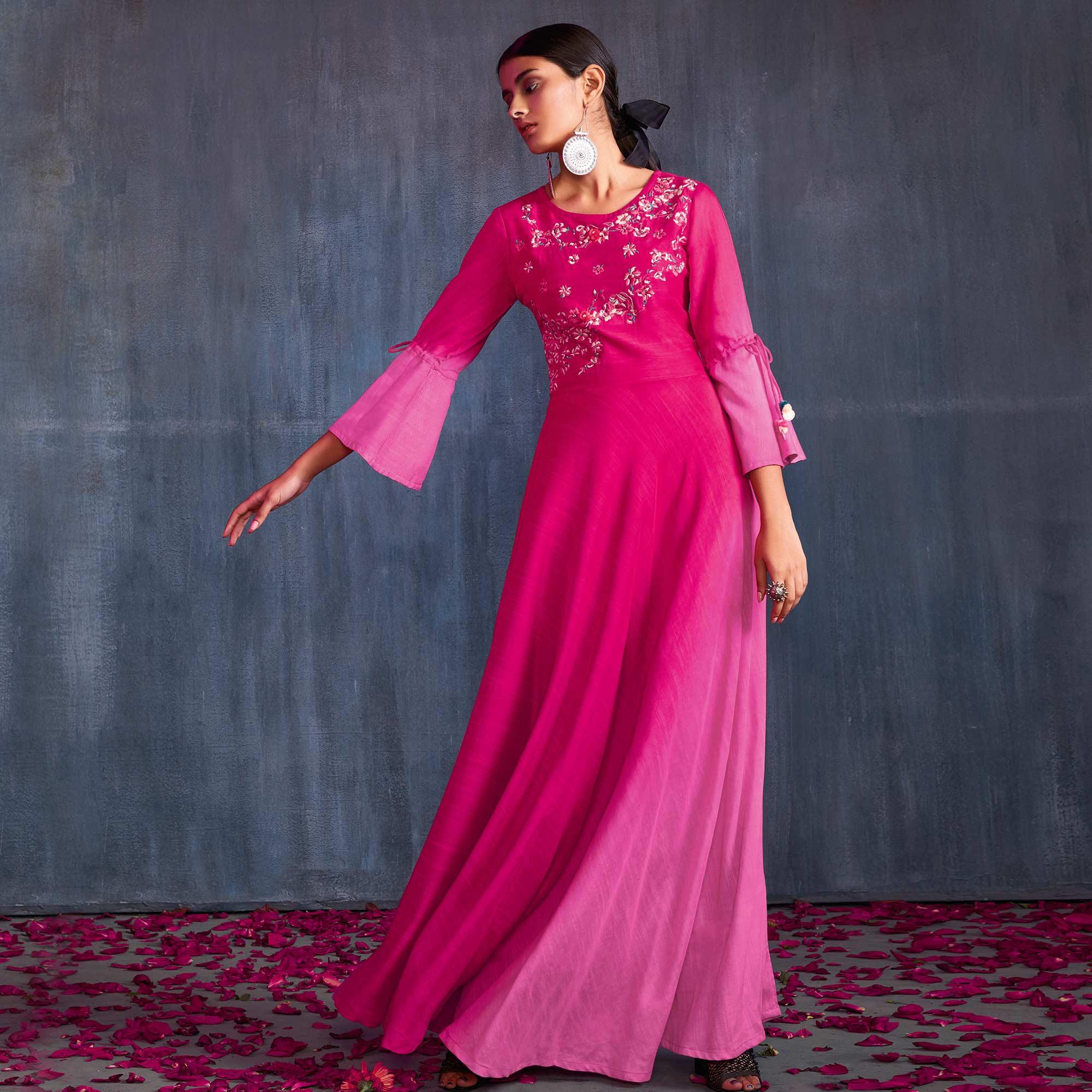 Appealing Pink Colored Partywear Embroidered Viscose Gown - Peachmode