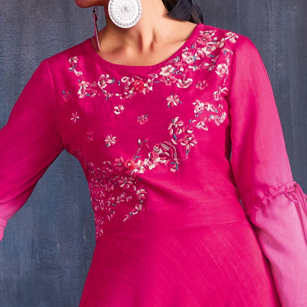 Appealing Pink Colored Partywear Embroidered Viscose Gown - Peachmode