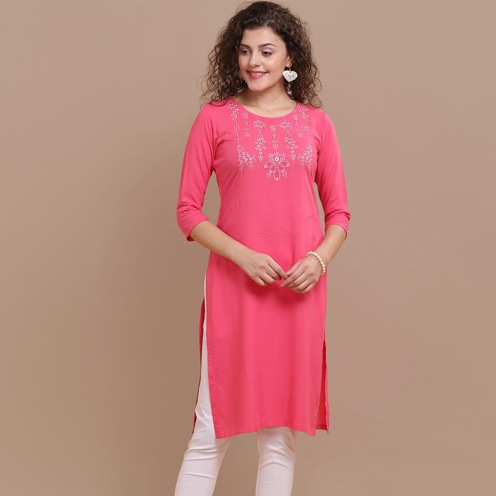 Appealing Pink Colored Partywear Floral Embroidered Rayon Kurti - Peachmode