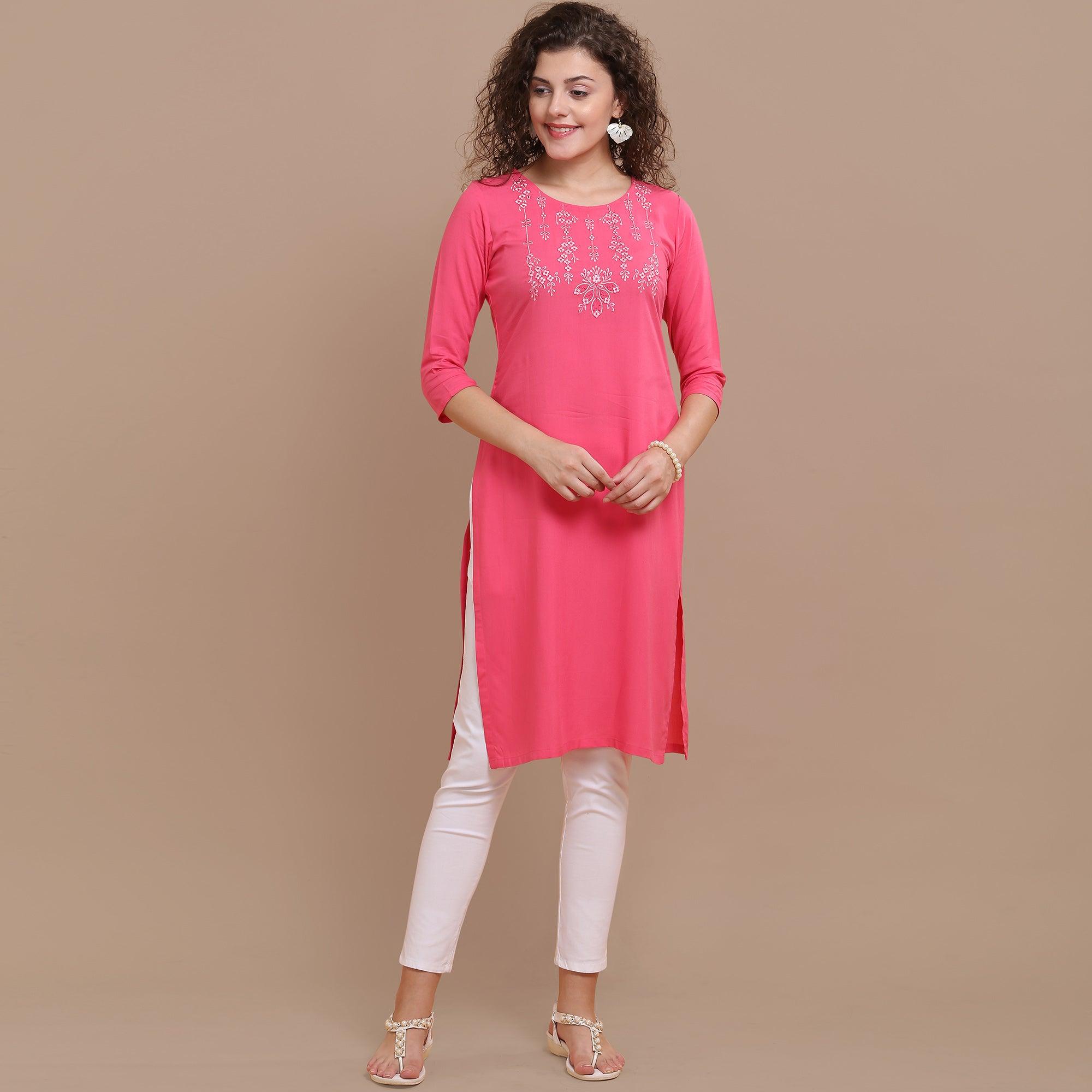 Appealing Pink Colored Partywear Floral Embroidered Rayon Kurti - Peachmode