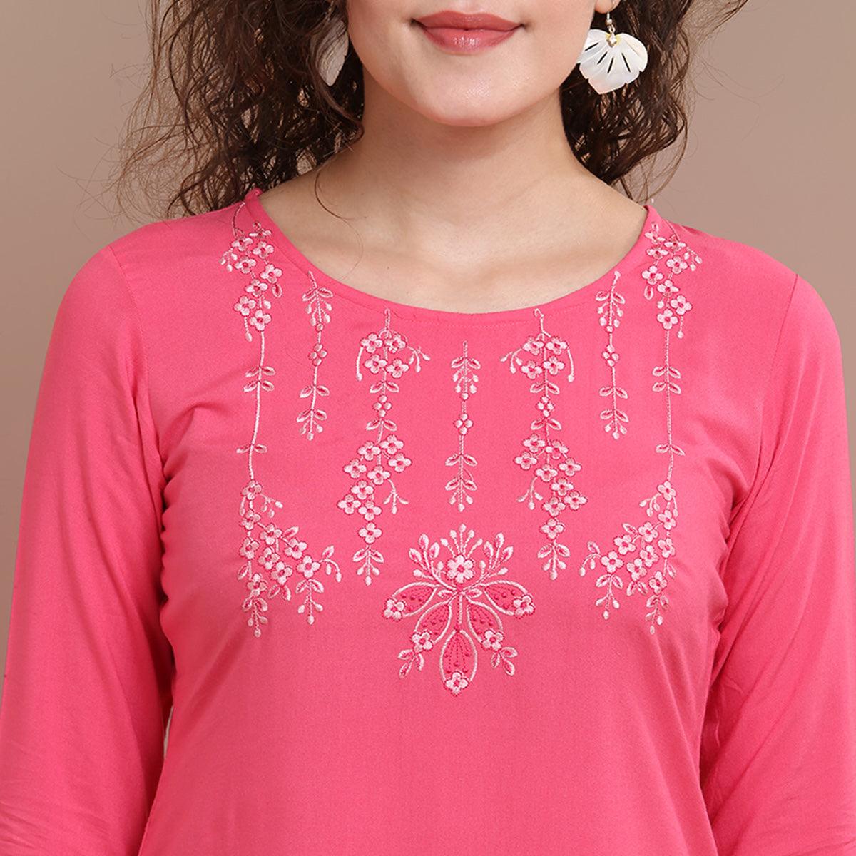 Appealing Pink Colored Partywear Floral Embroidered Rayon Kurti - Peachmode