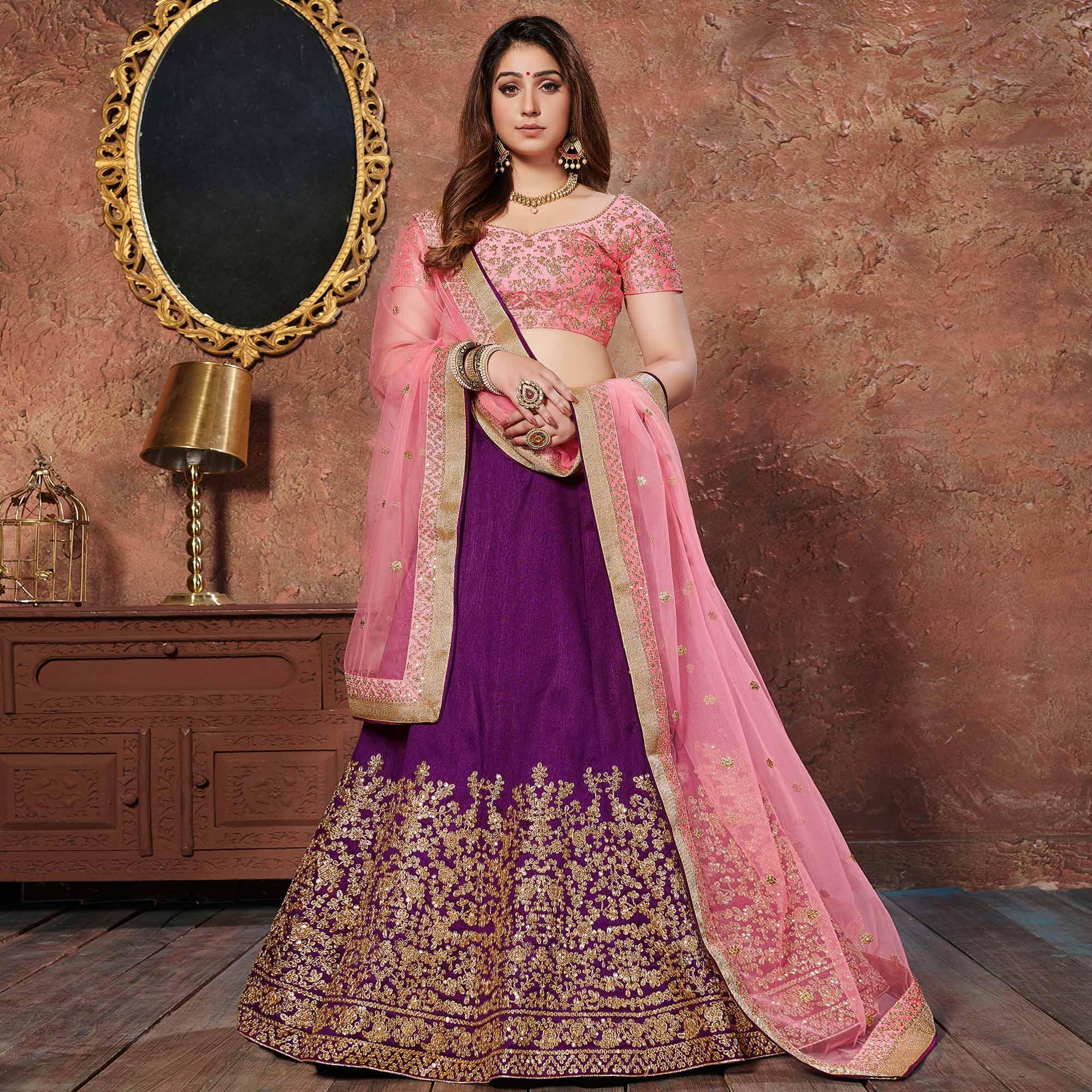 Appealing Purple Colored Wedding Wear Embroidered Mulberry Silk Lehenga Choli - Peachmode